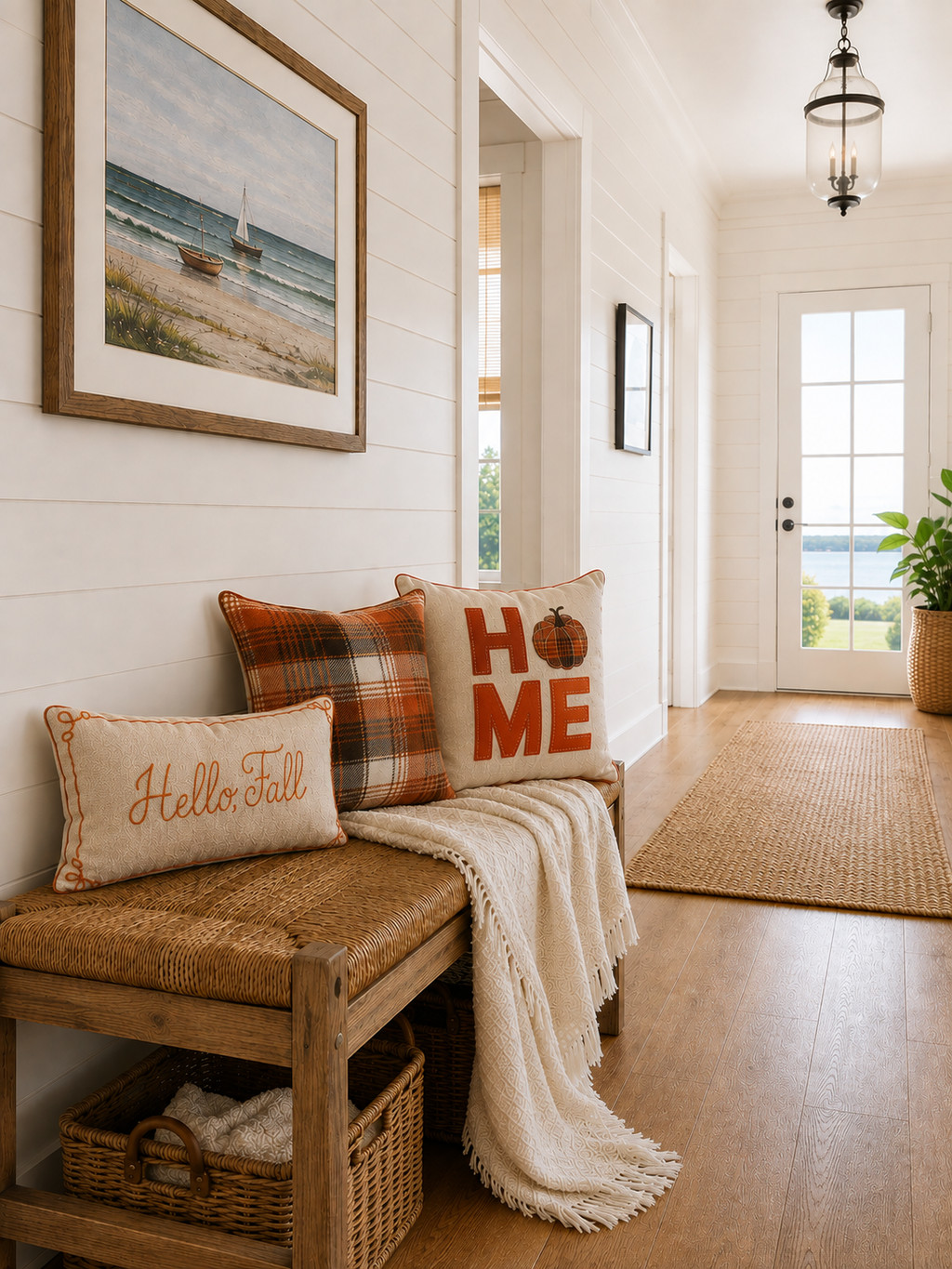 Fall HOME Throw Pillow - Natural with Rust Orange Plaid