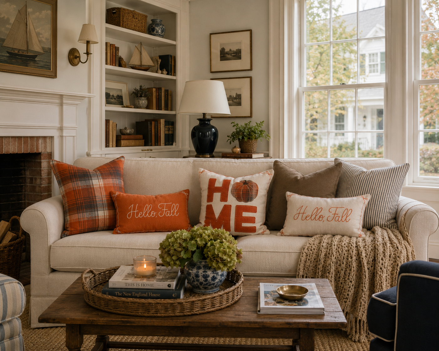 "Hello, Fall" Embroidered Throw Pillow - Rust Orange with Ivory