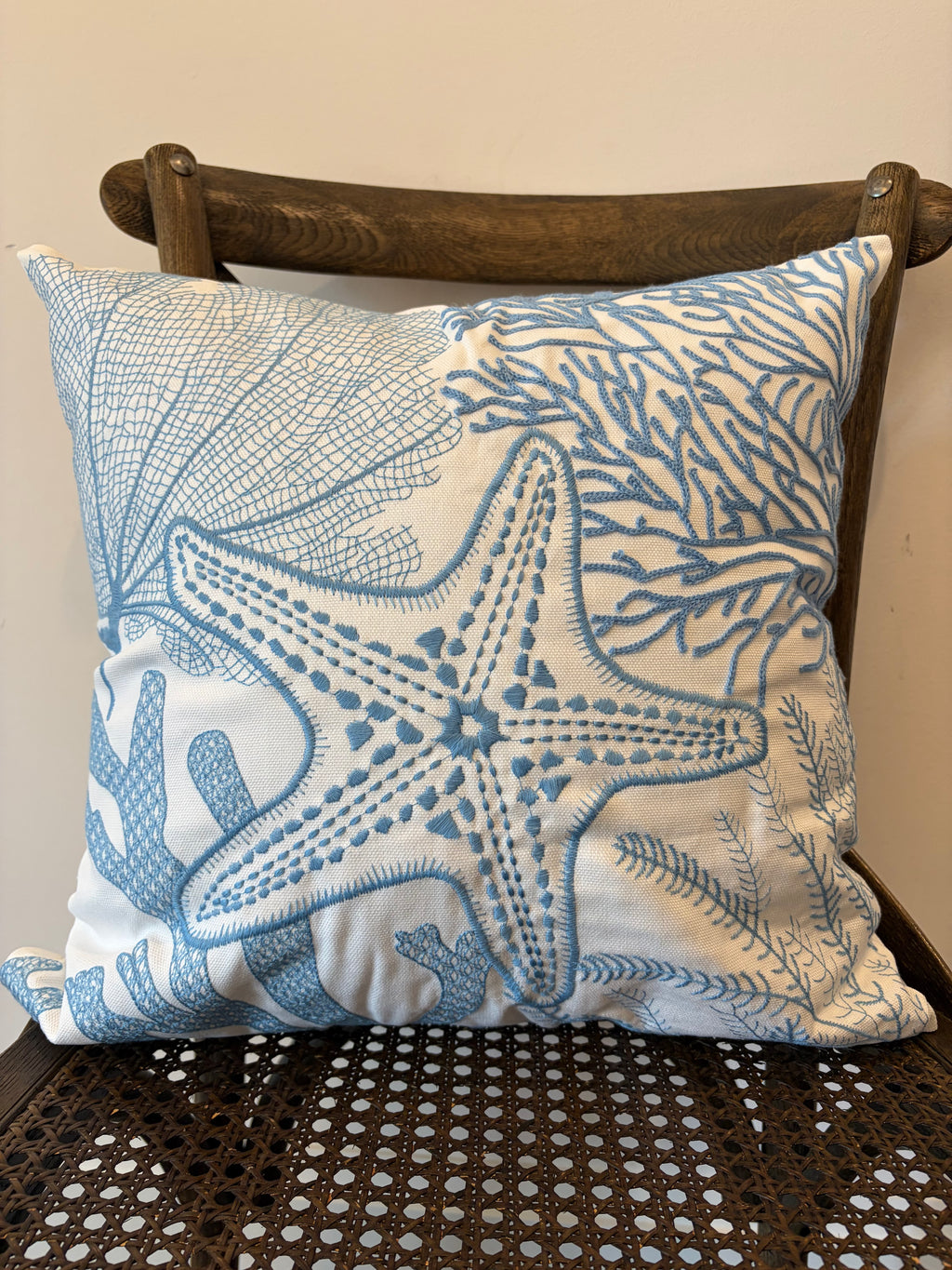Seaside Embroidered Throw Pillow - Blue