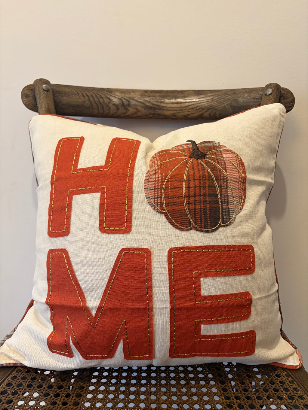 Fall HOME Throw Pillow - Natural with Rust Orange Plaid