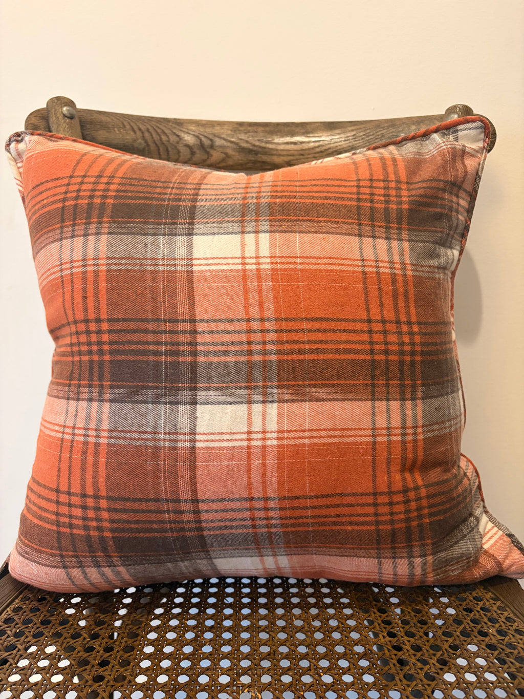 Fall HOME Throw Pillow - Natural with Rust Orange Plaid