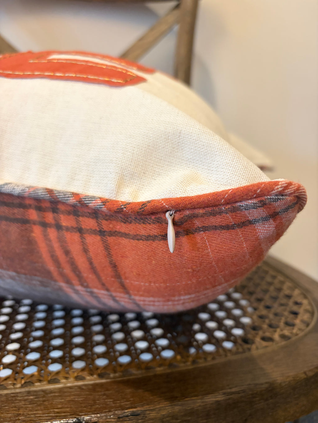 Fall HOME Throw Pillow - Natural with Rust Orange Plaid