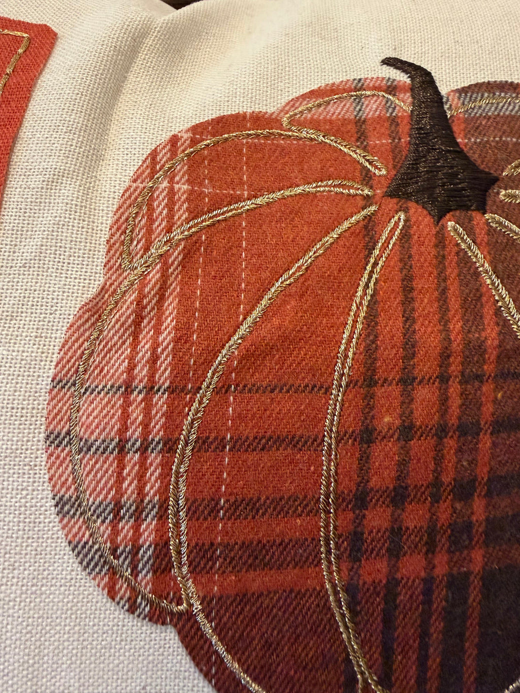Fall HOME Throw Pillow - Natural with Rust Orange Plaid