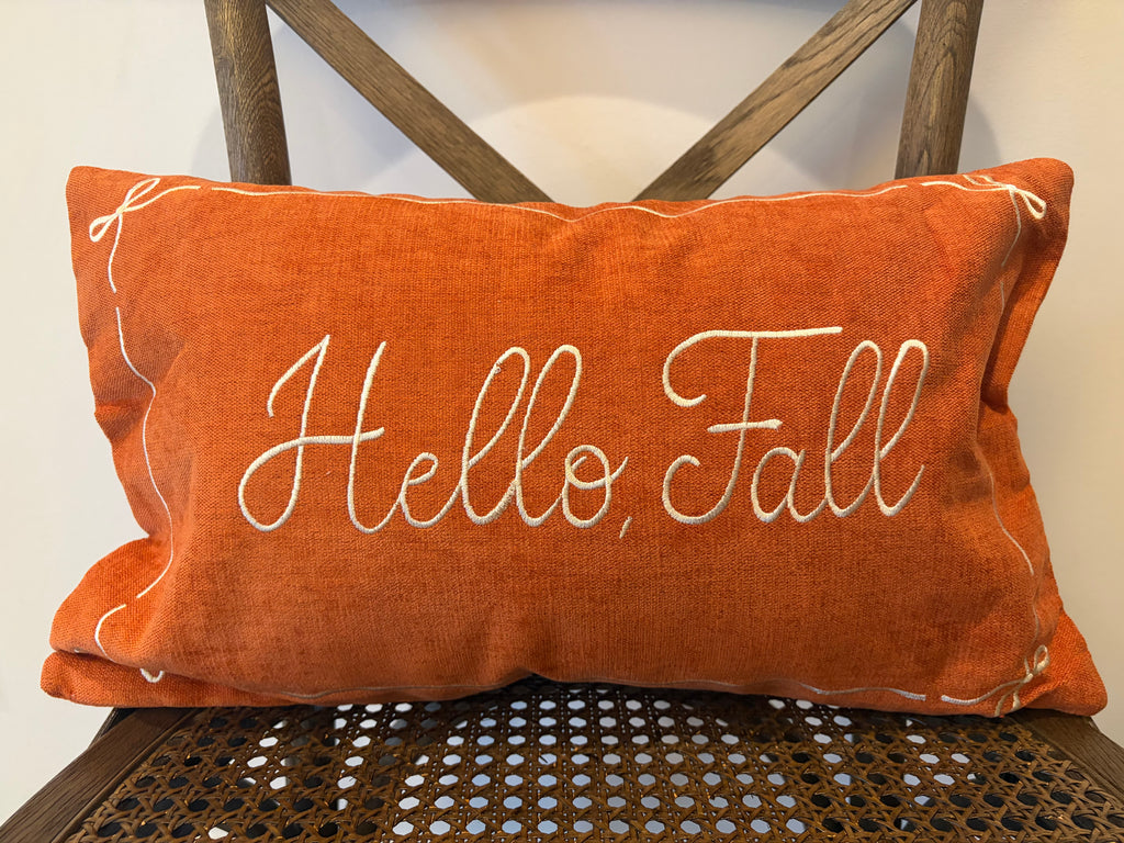 "Hello, Fall" Embroidered Throw Pillow - Rust Orange with Ivory