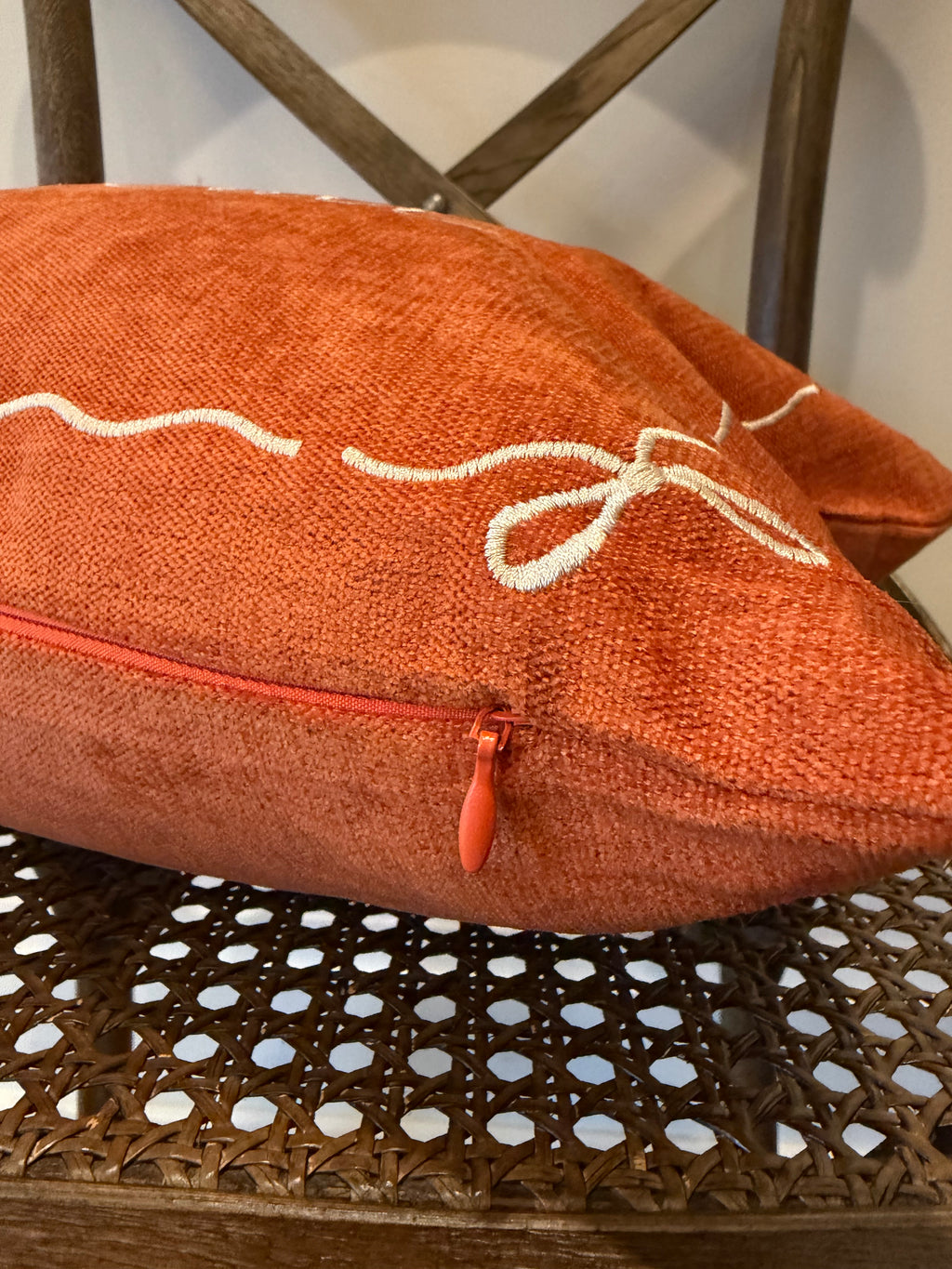 "Hello, Fall" Embroidered Throw Pillow - Rust Orange with Ivory