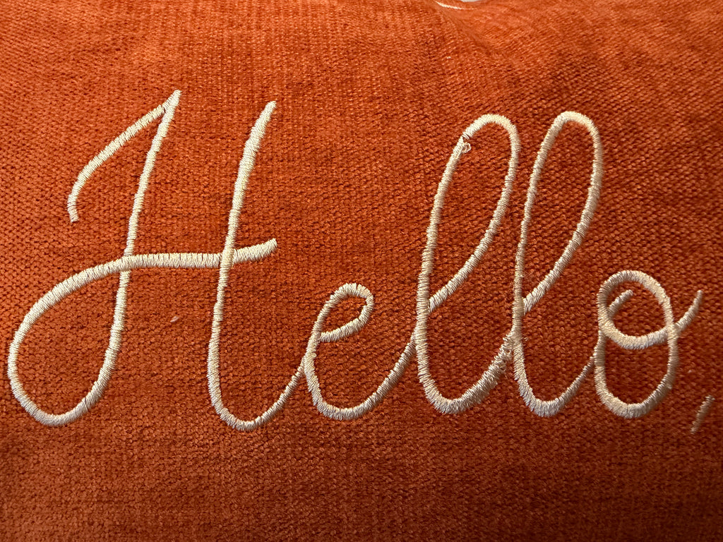 "Hello, Fall" Embroidered Throw Pillow - Rust Orange with Ivory