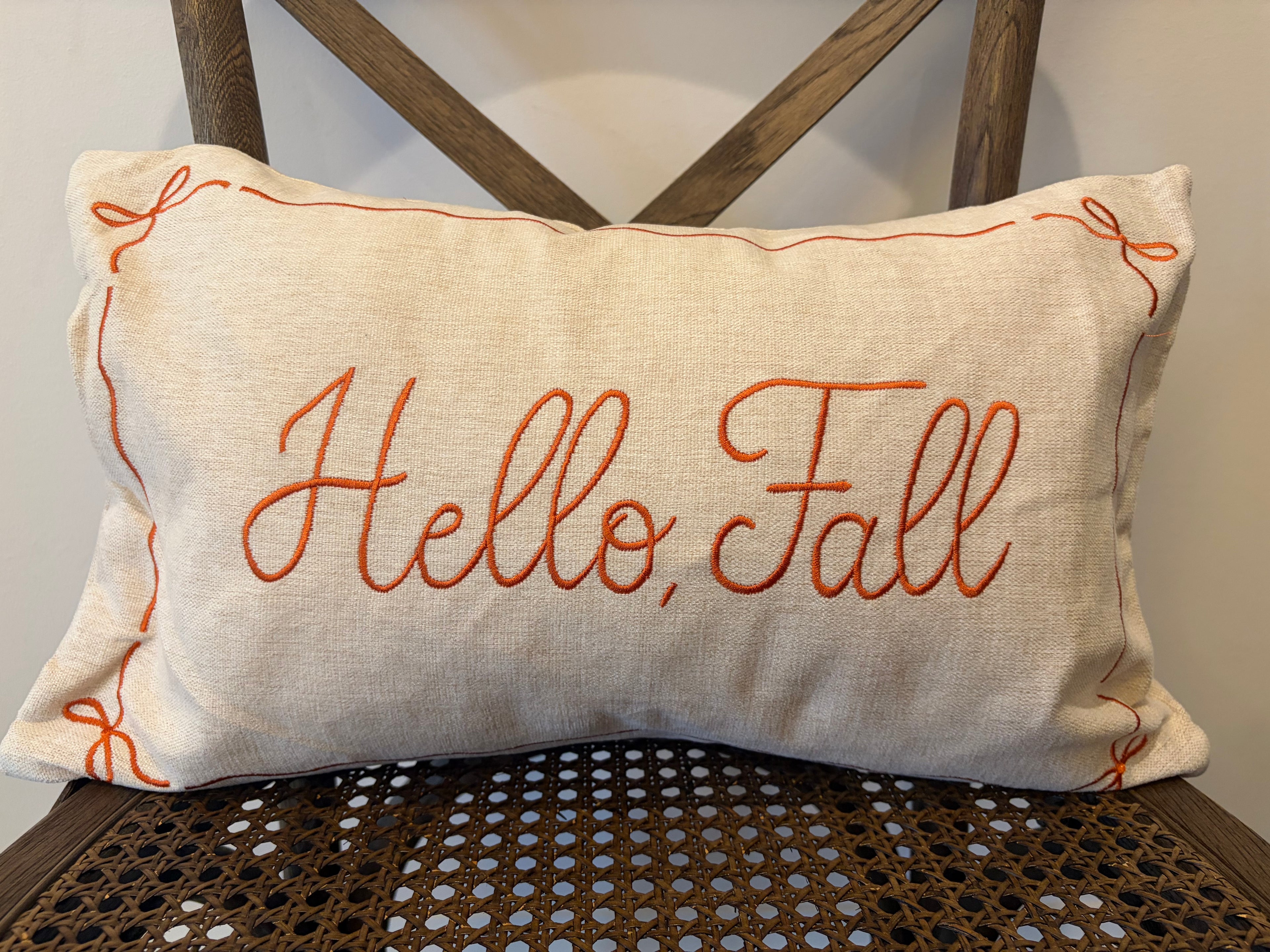 "Hello, Fall" Embroidered Throw Pillow - Natural Canvas with Rust Orange