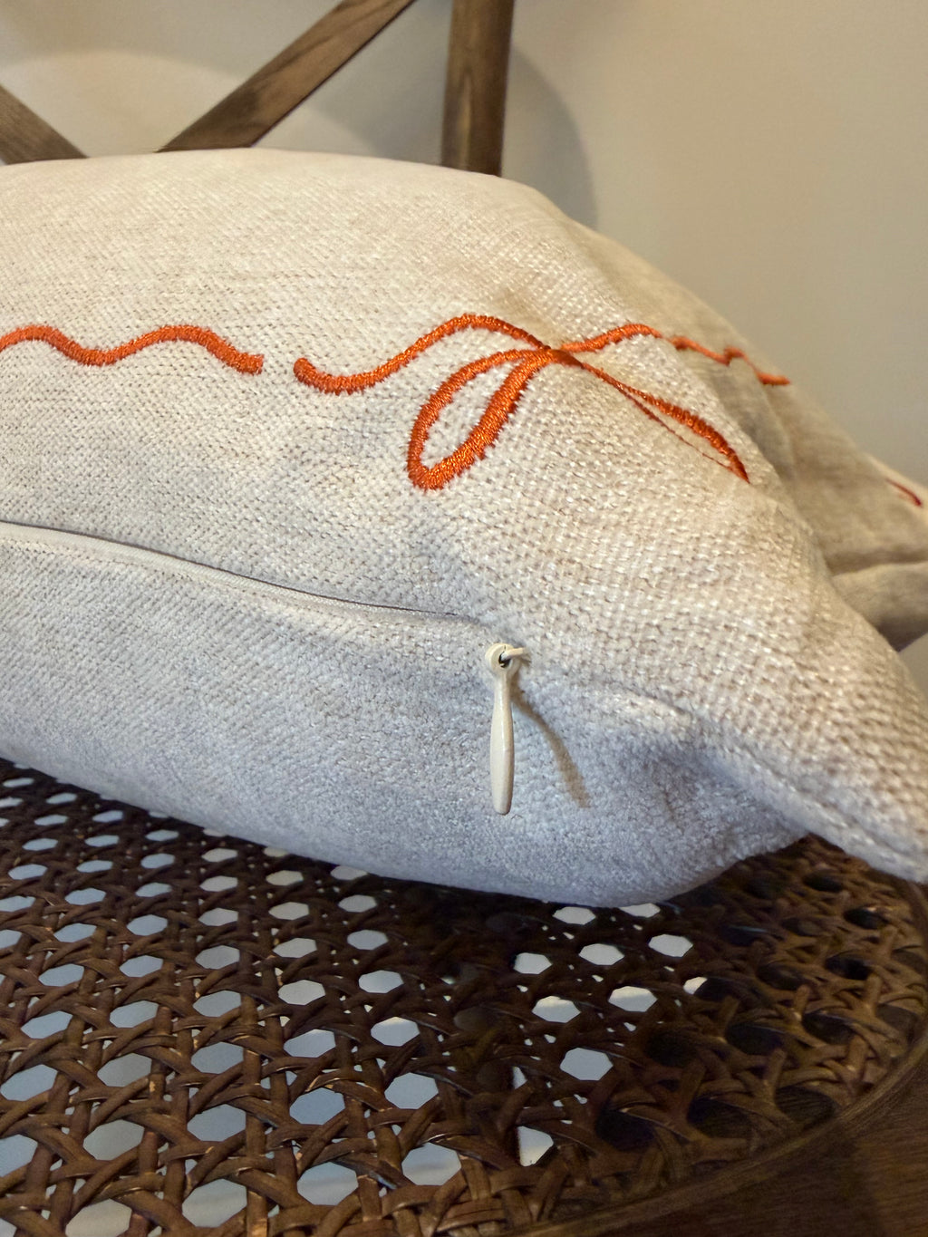 "Hello, Fall" Embroidered Throw Pillow - Natural Canvas with Rust Orange