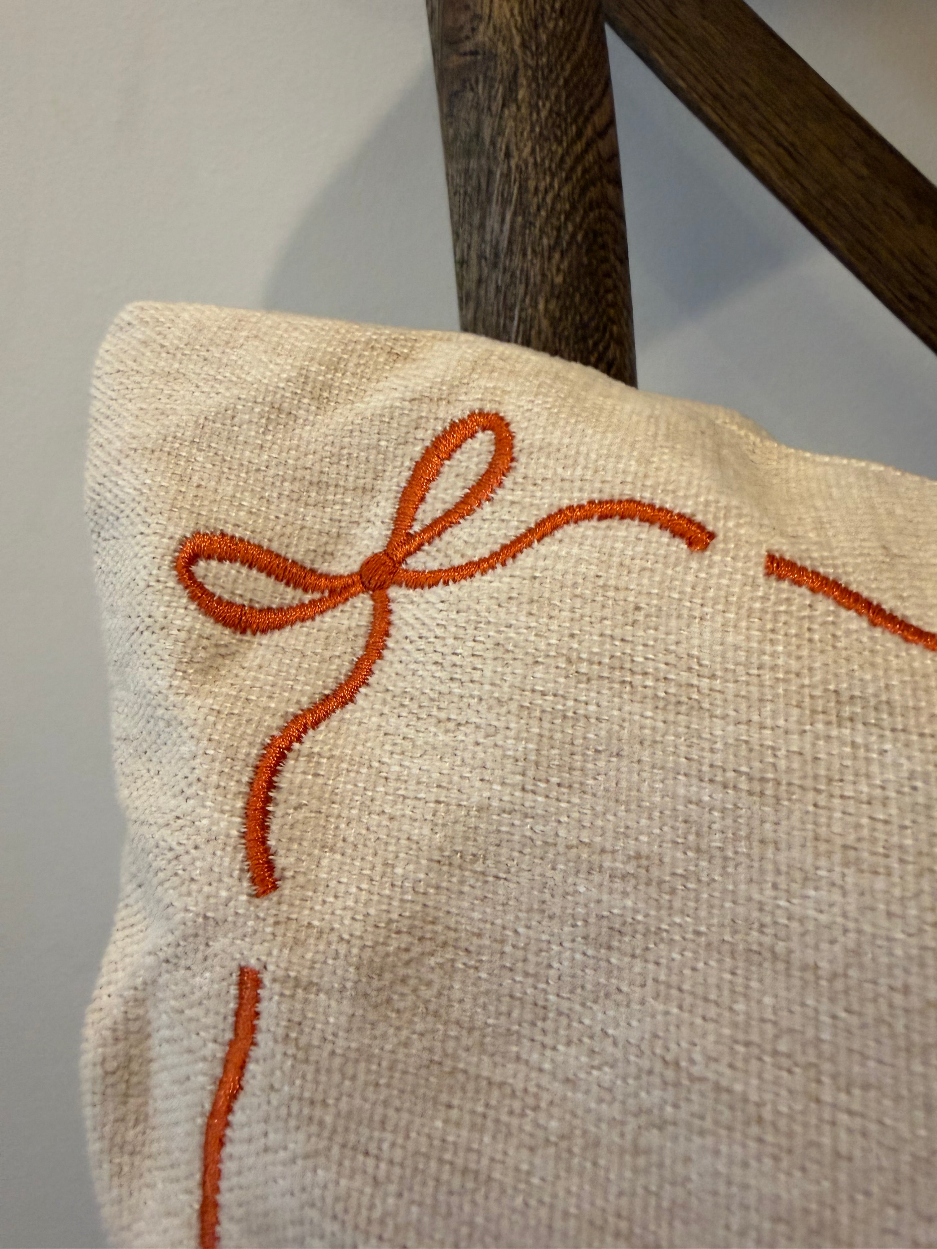 "Hello, Fall" Embroidered Throw Pillow - Natural Canvas with Rust Orange