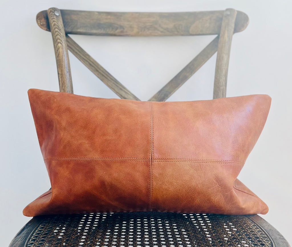 Pieced Leather Lumbar Pillow in Cognac