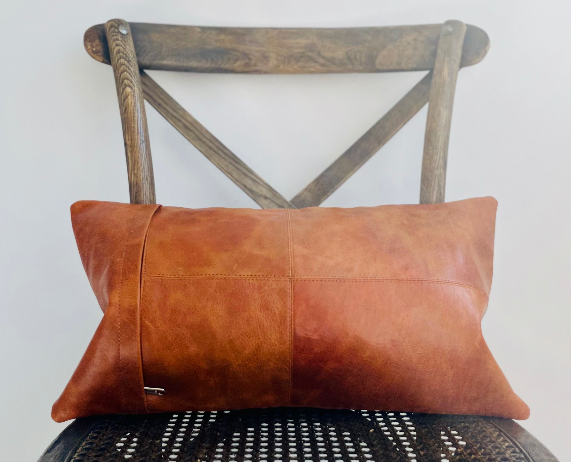 Pieced Leather Lumbar Pillow in Cognac