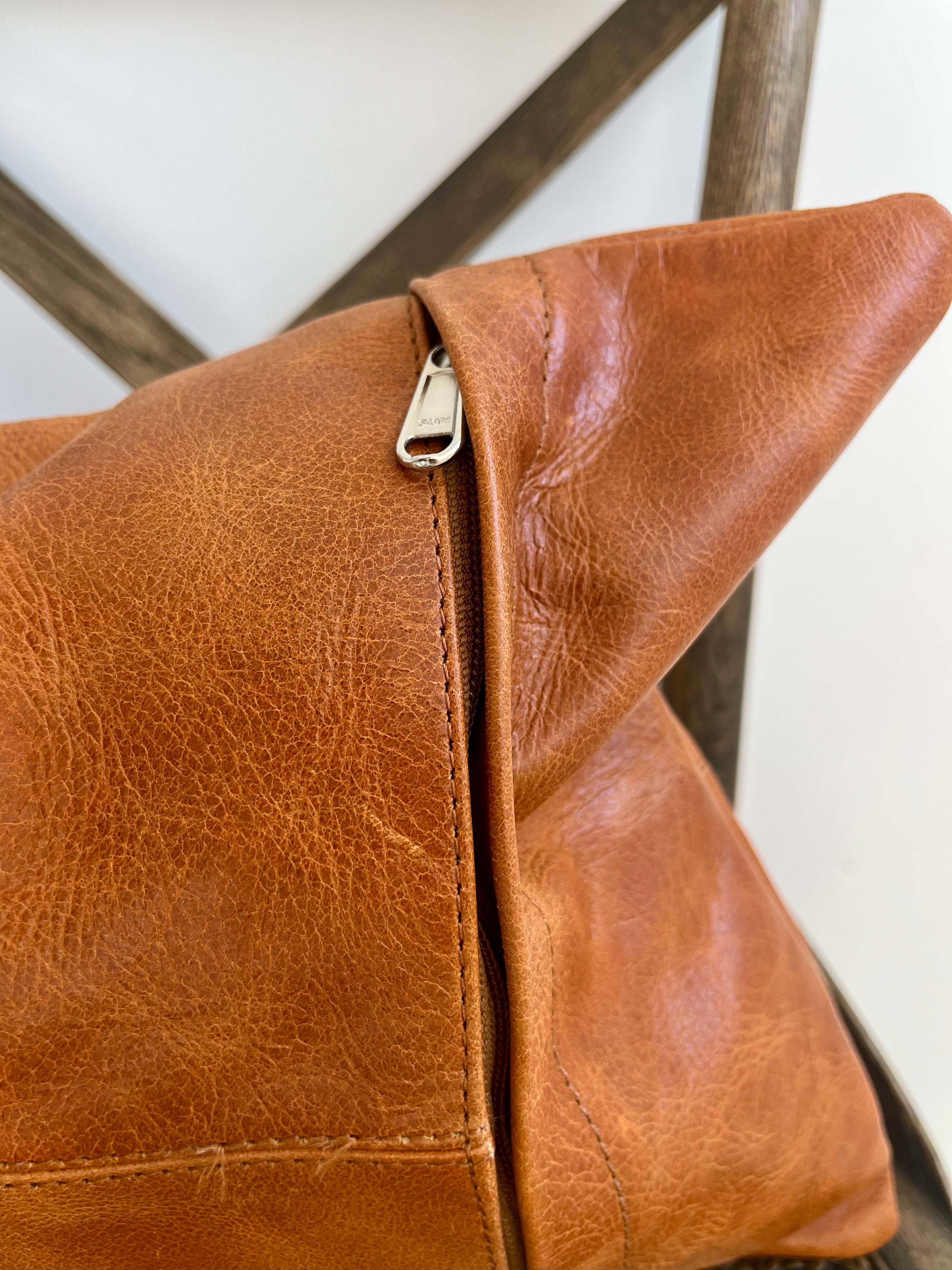 Pieced Leather Lumbar Pillow in Cognac