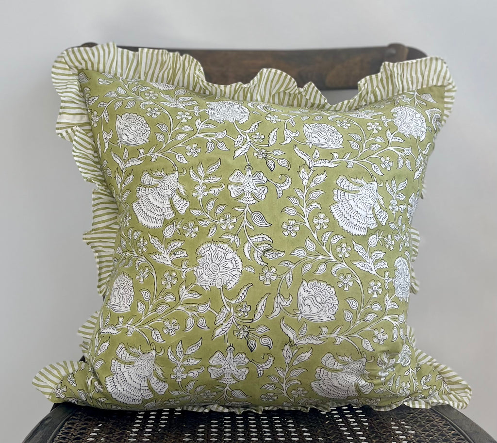 Floral Block Printed Pillow in Green and Warm White
