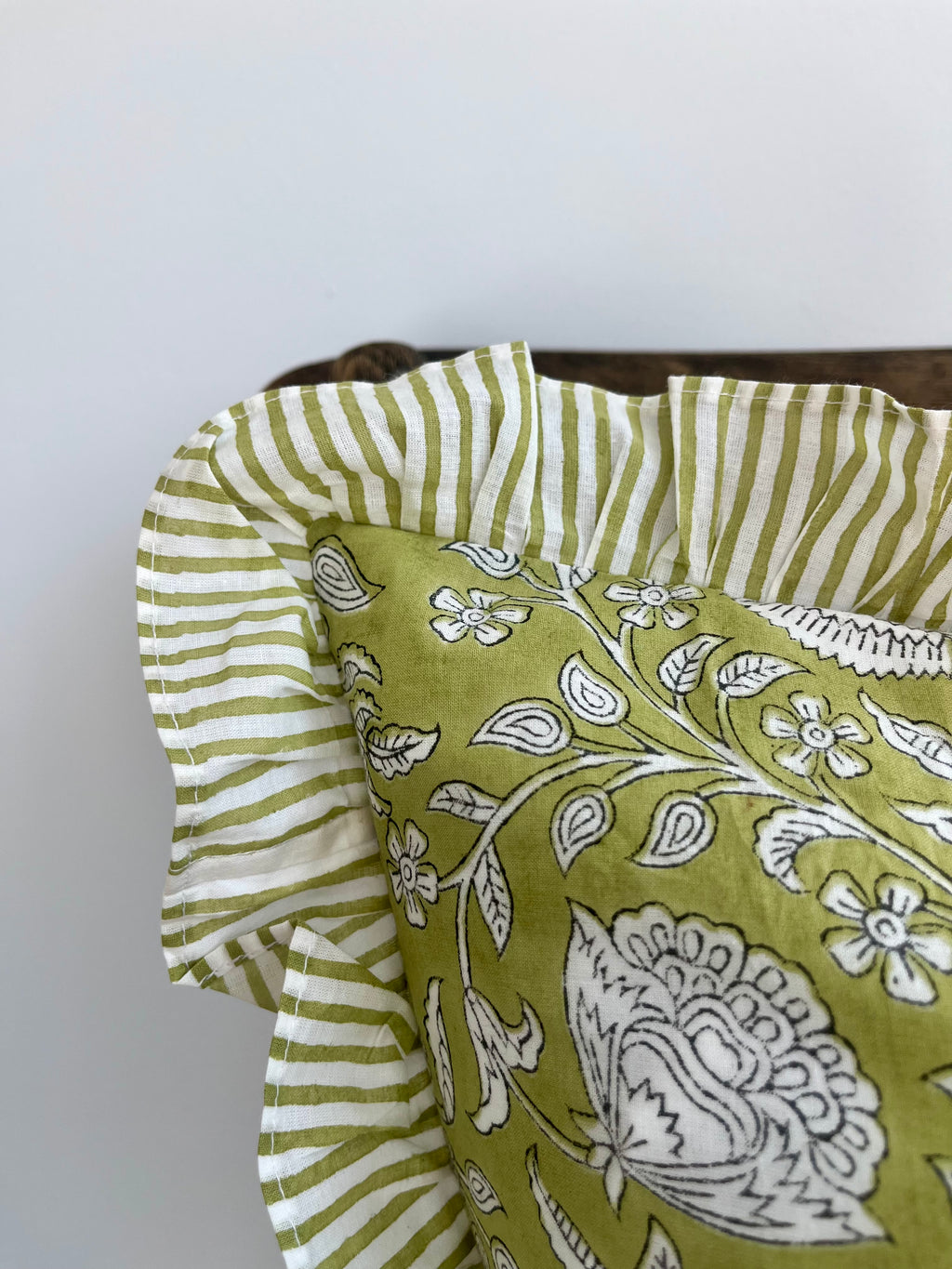 Floral Block Printed Pillow in Green and Warm White