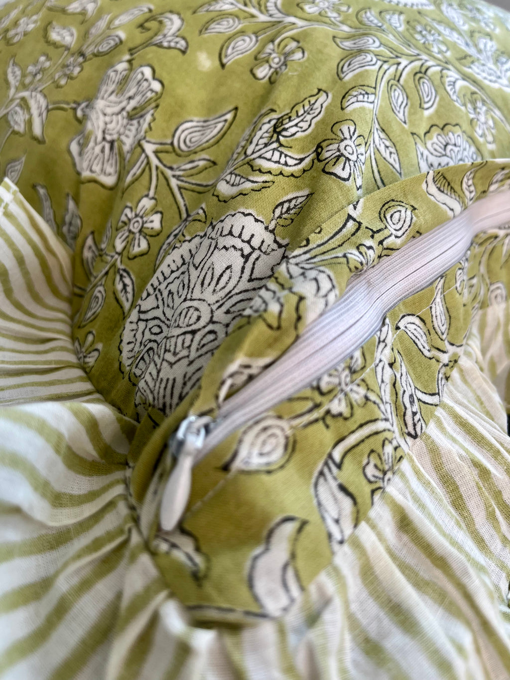 Floral Block Printed Pillow in Green and Warm White