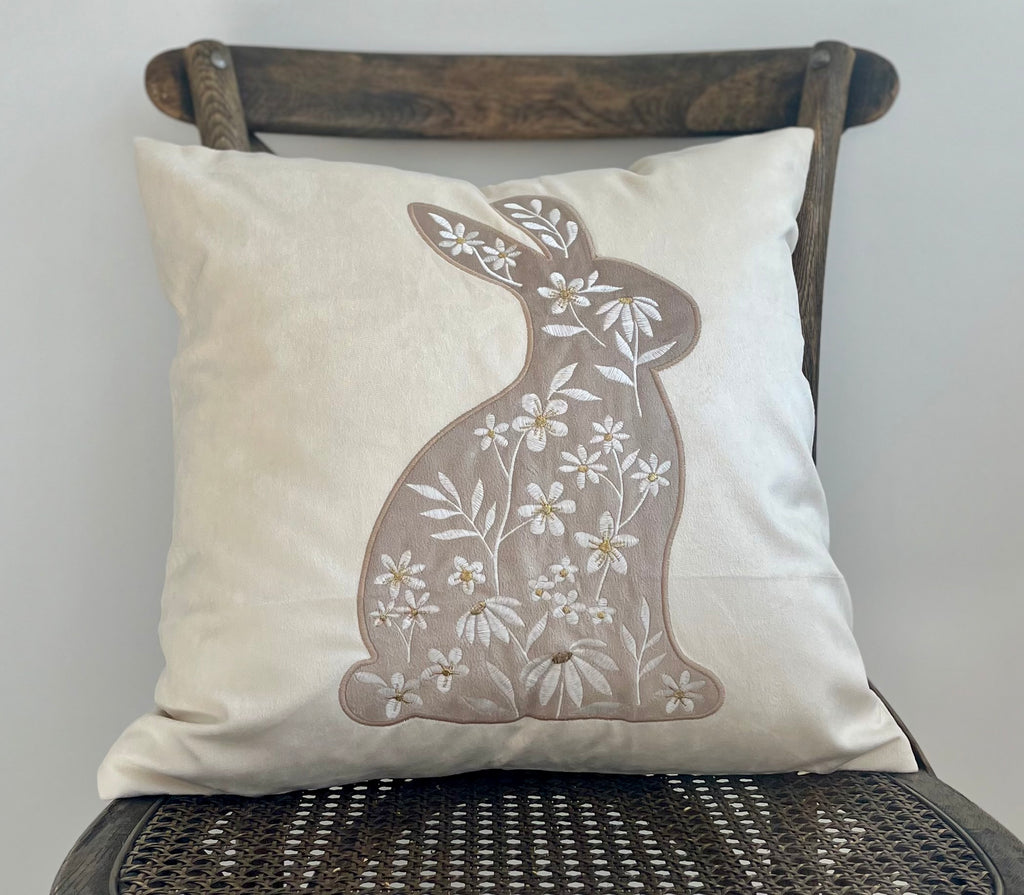 Embroidered Hazelnut Bunny on Warm White Velvet Pillow
