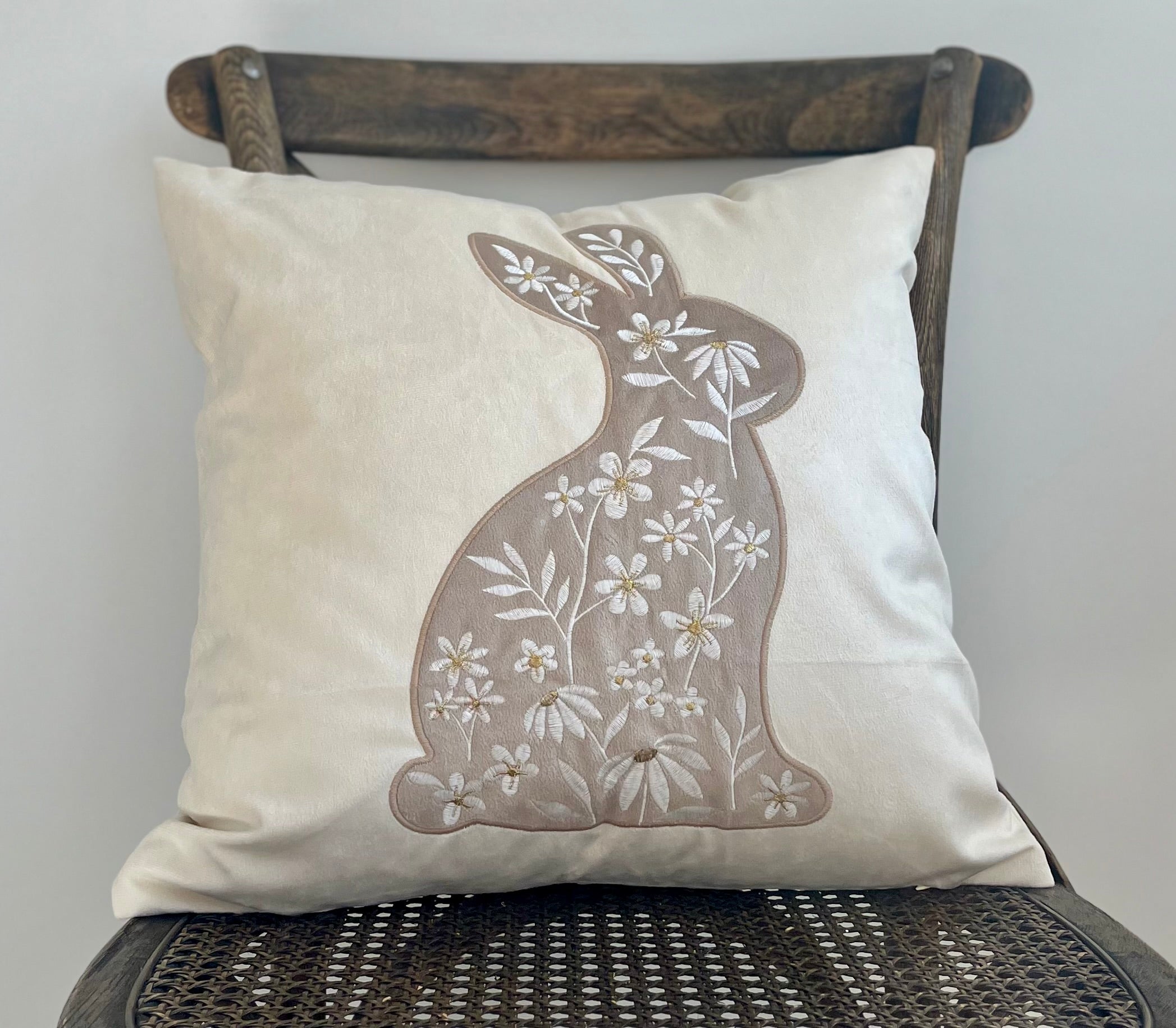 Embroidered Hazelnut Bunny on Warm White Velvet Pillow