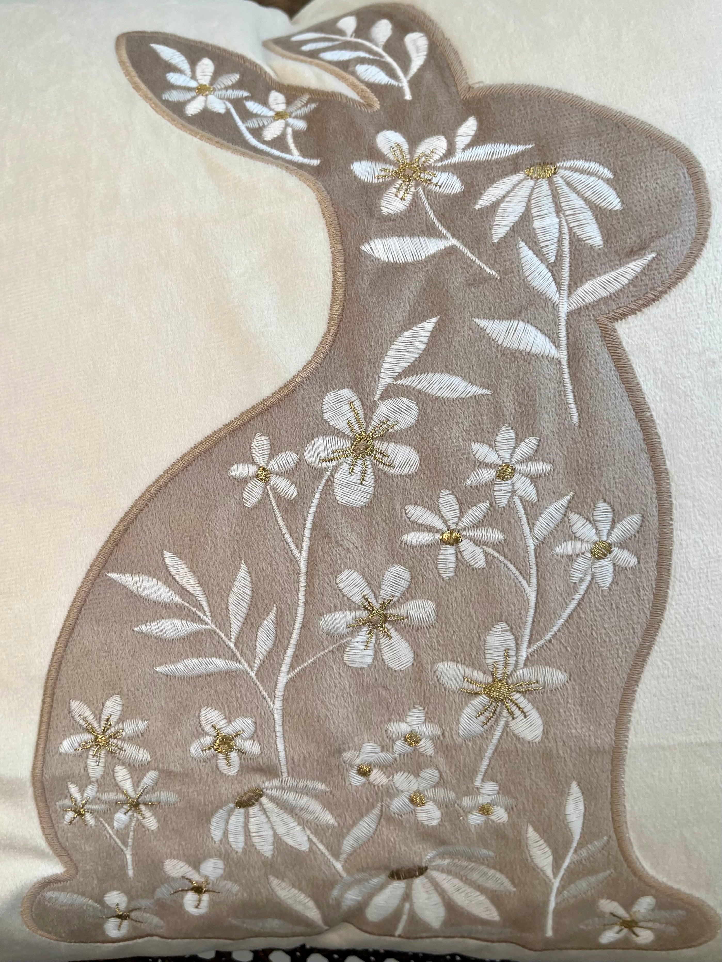 Embroidered Hazelnut Bunny on Warm White Velvet Pillow