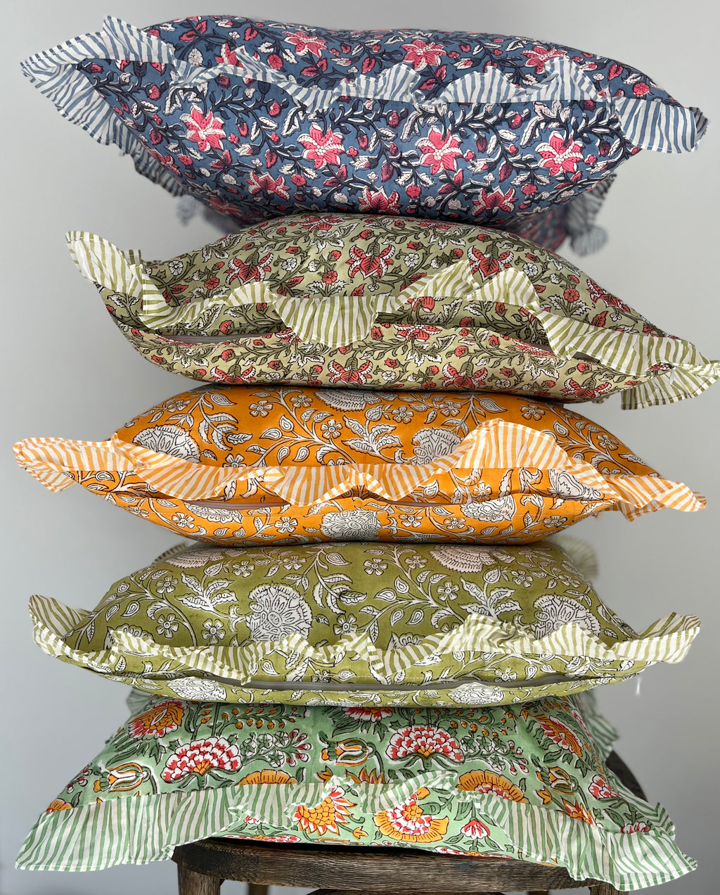 Floral Block Printed Pillow in French Blue and Pink Coral