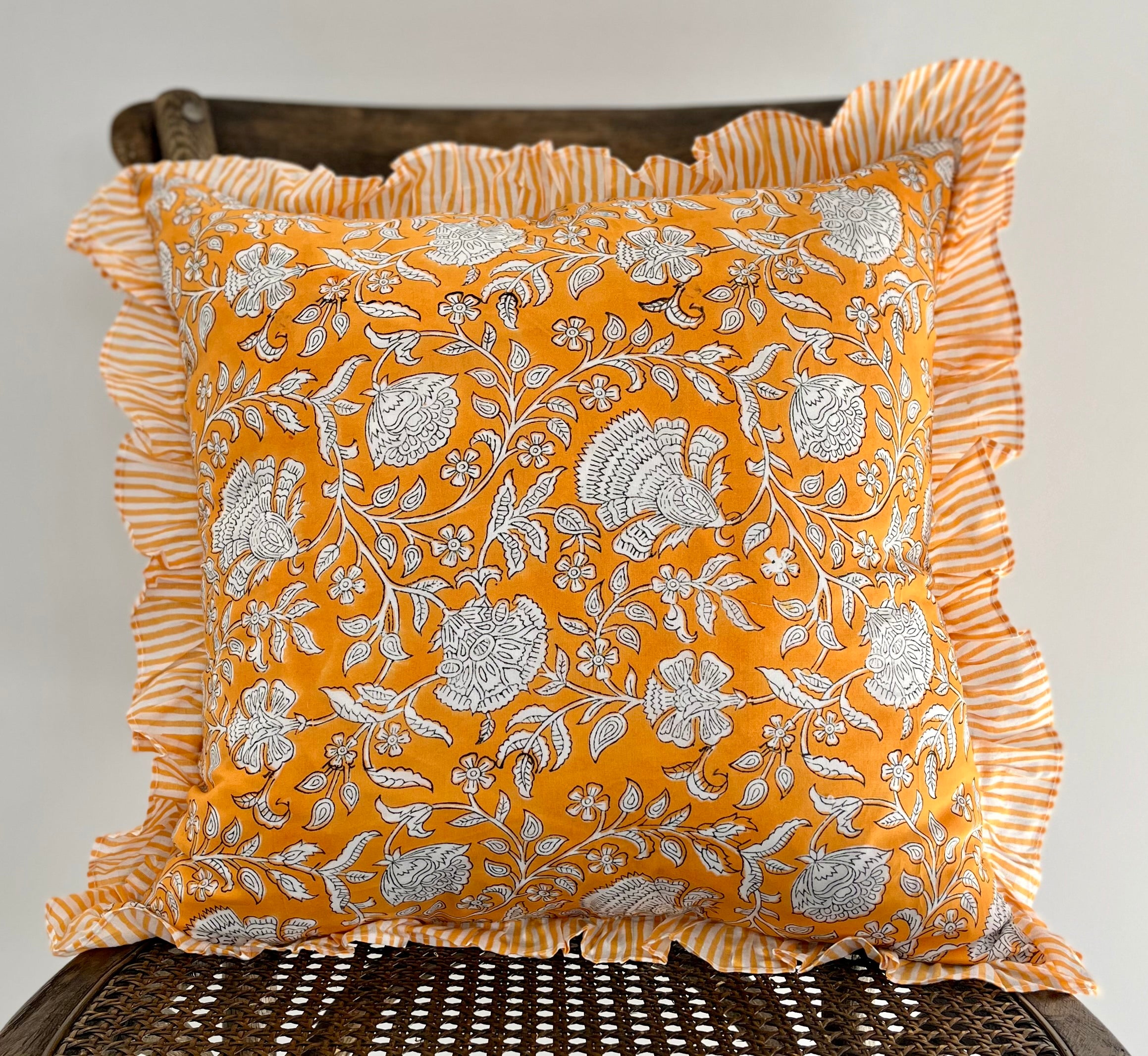 Floral Block Printed Pillow in Bright Orange