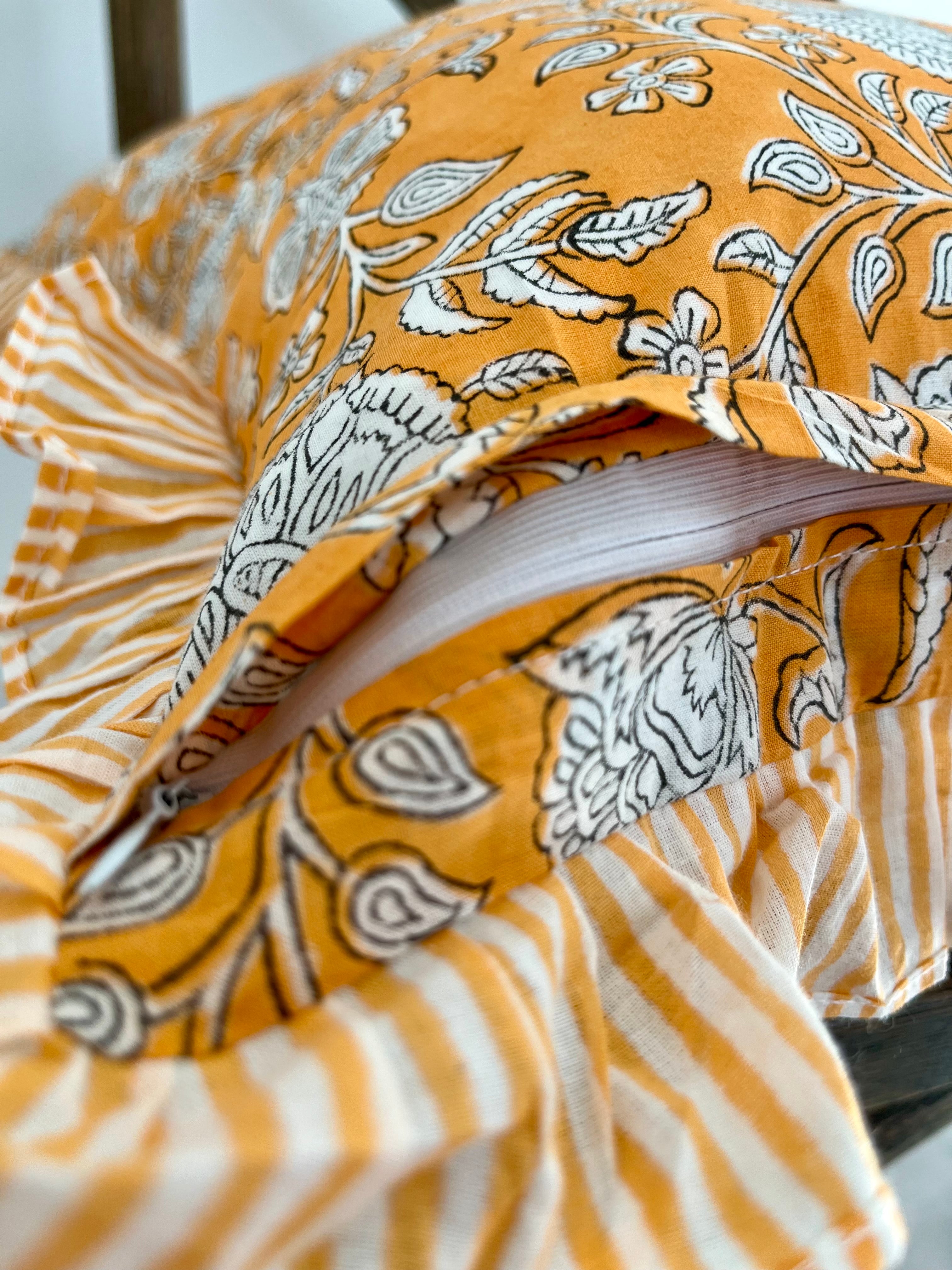 Floral Block Printed Pillow in Bright Orange