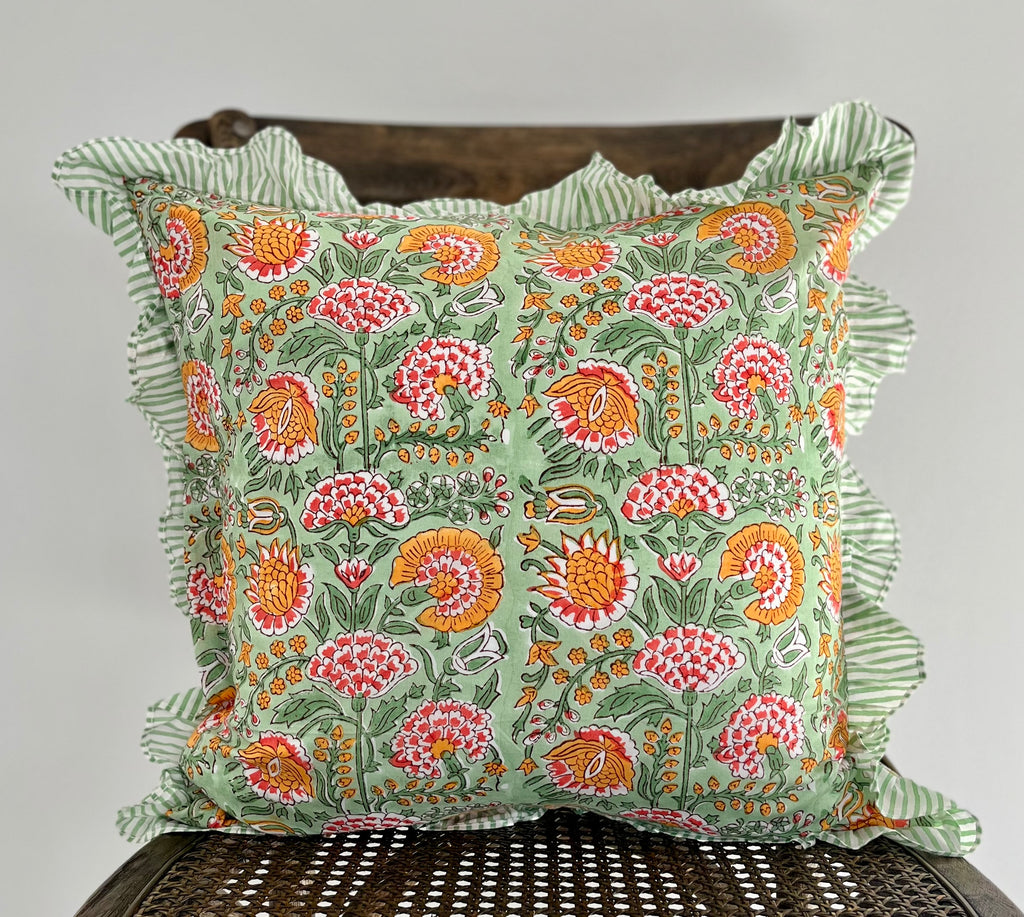 Floral Block Printed Pillow in Green and Marigold