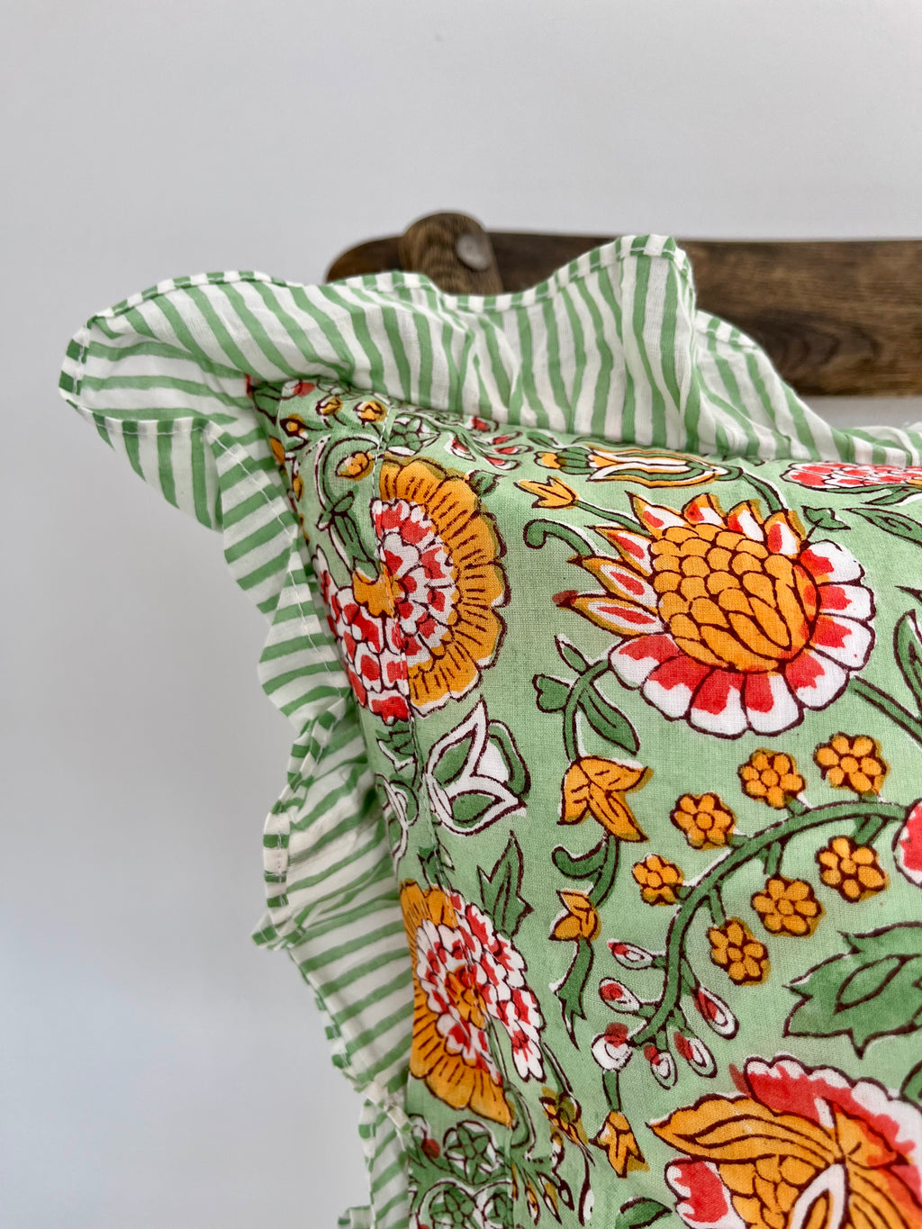 Floral Block Printed Pillow in Green and Marigold