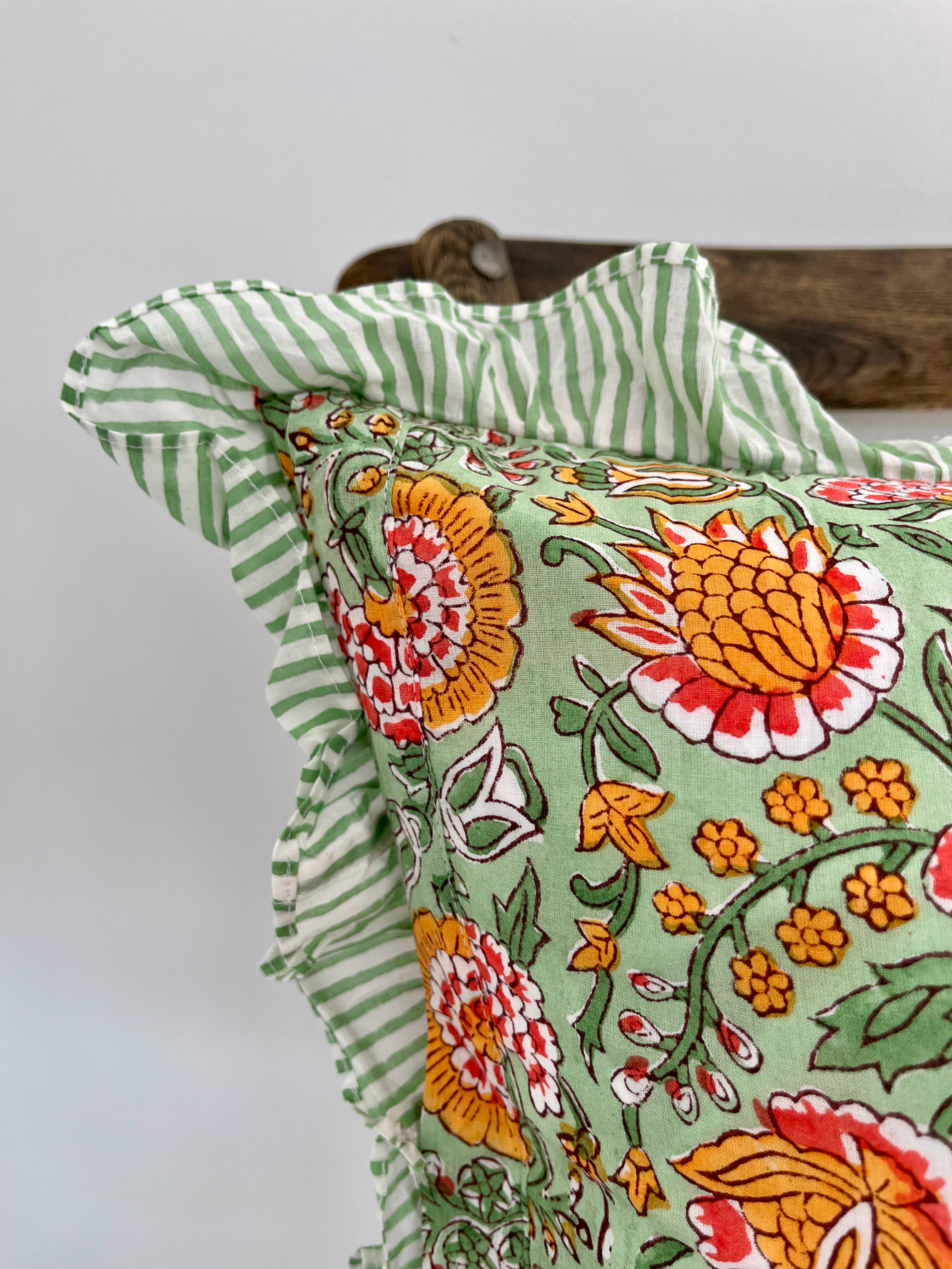 Floral Block Printed Pillow in Green and Marigold