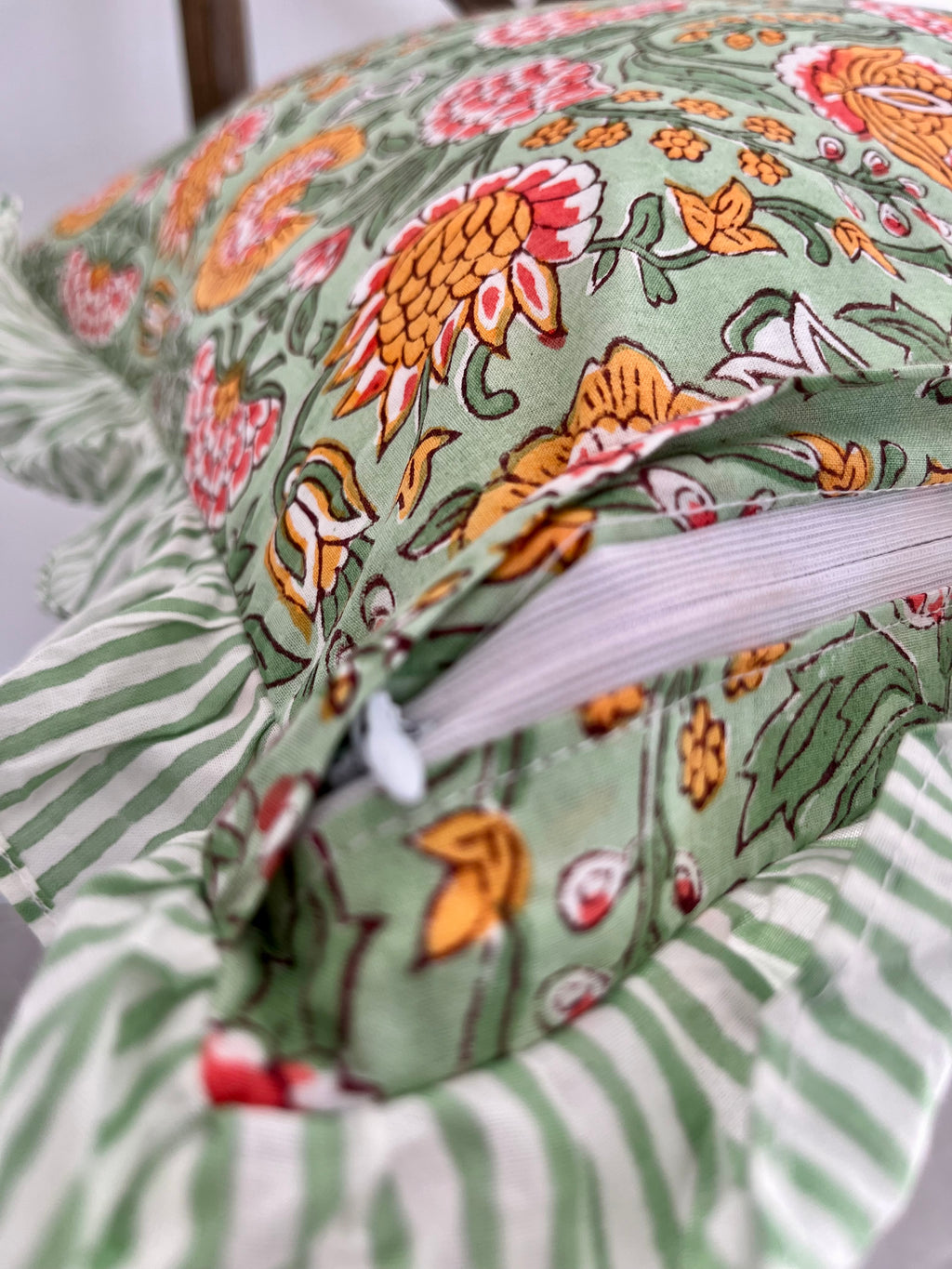 Floral Block Printed Pillow in Green and Marigold