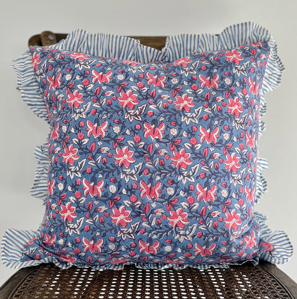 Floral Block Printed Pillow in French Blue and Pink Coral