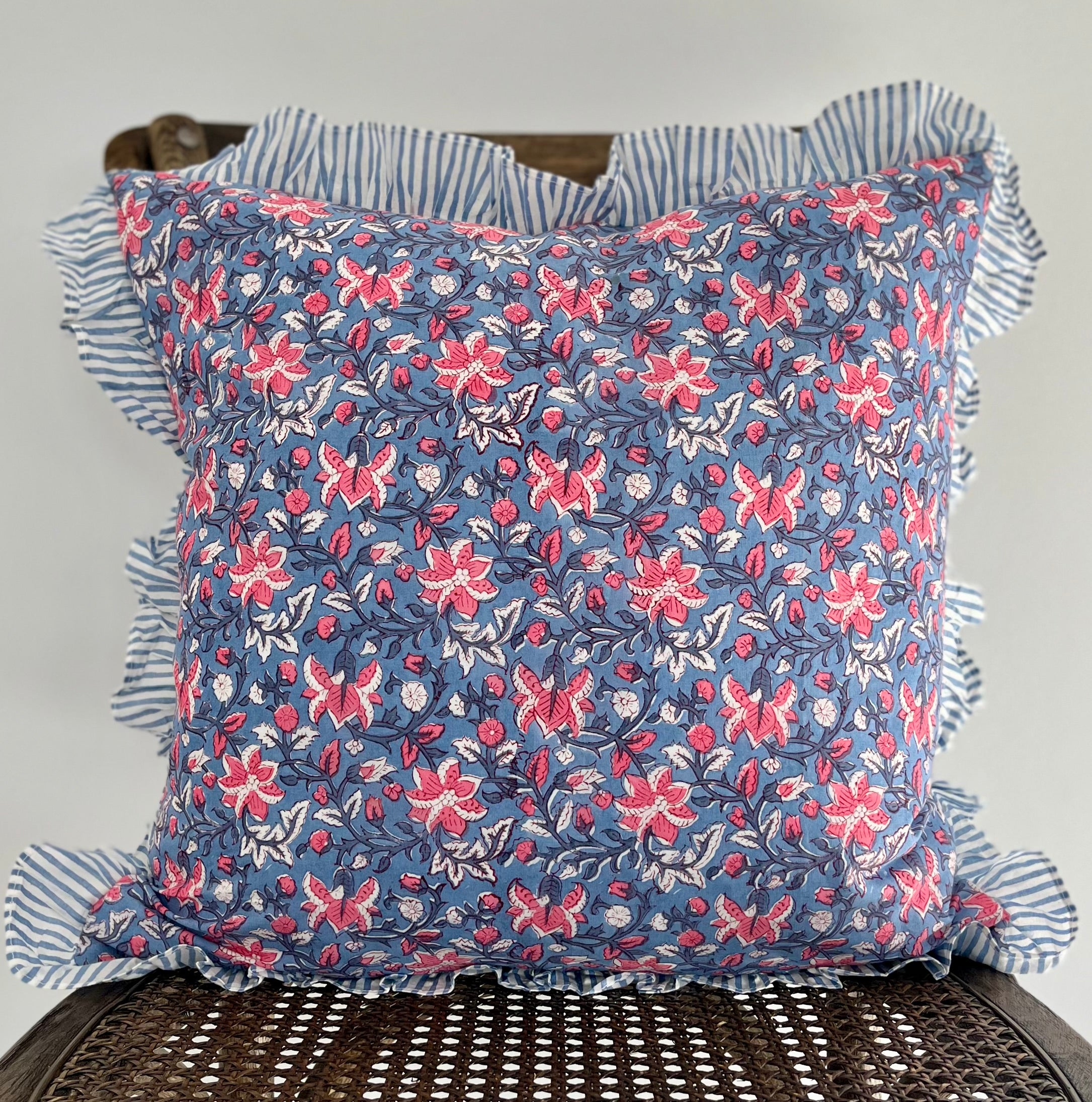 Floral Block Printed Pillow in French Blue and Pink Coral