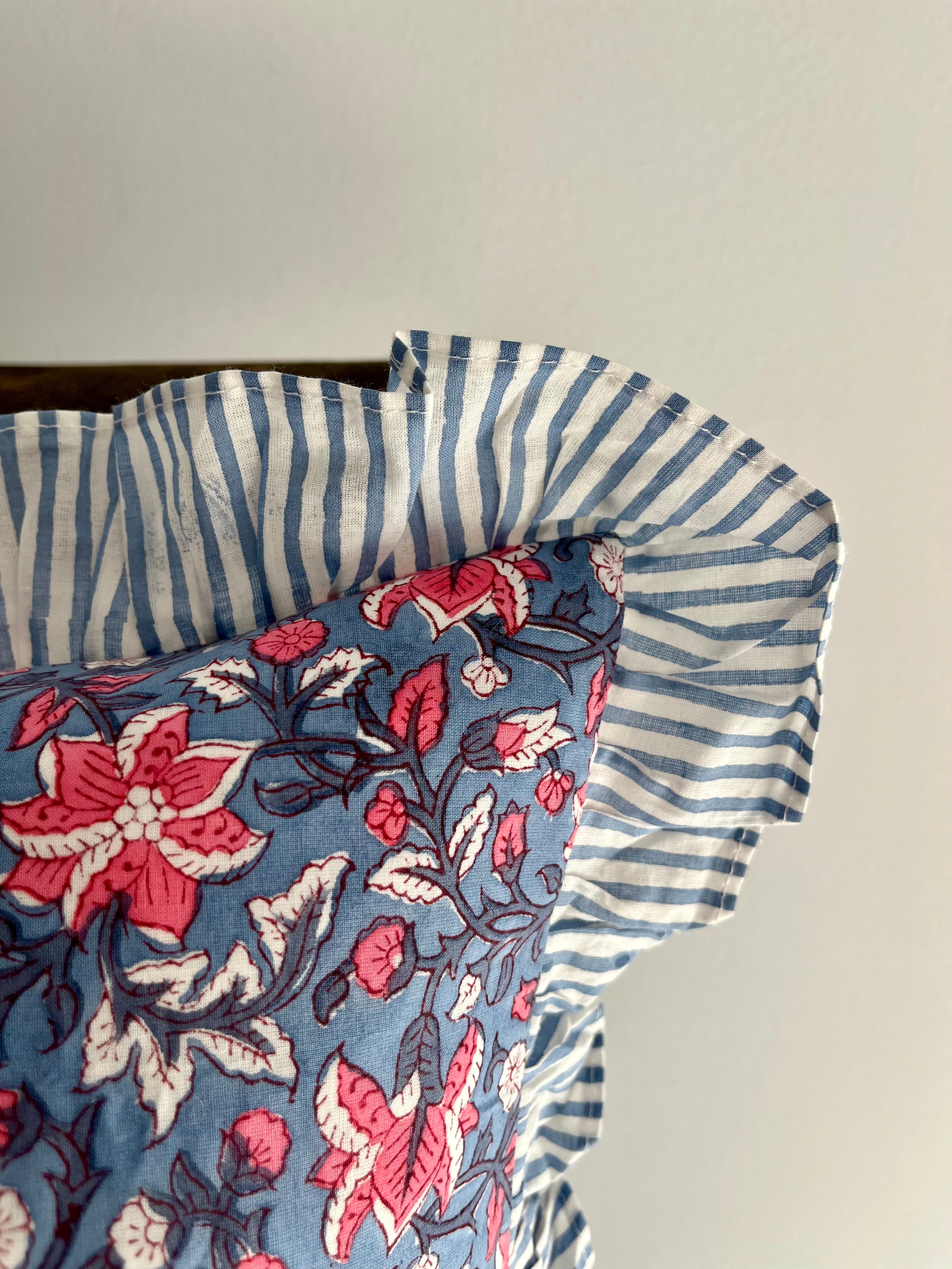 Floral Block Printed Pillow in French Blue and Pink Coral