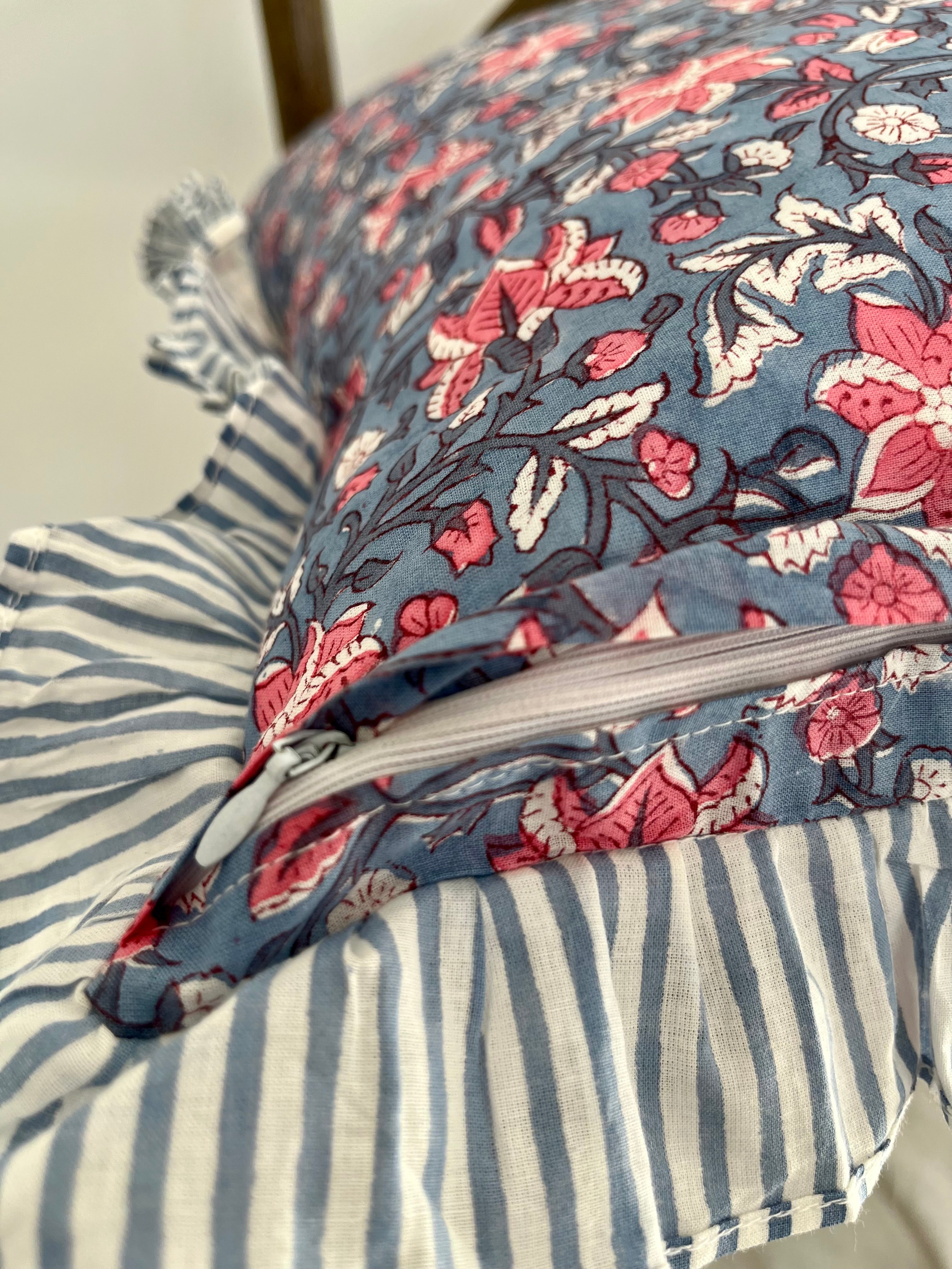 Floral Block Printed Pillow in French Blue and Pink Coral