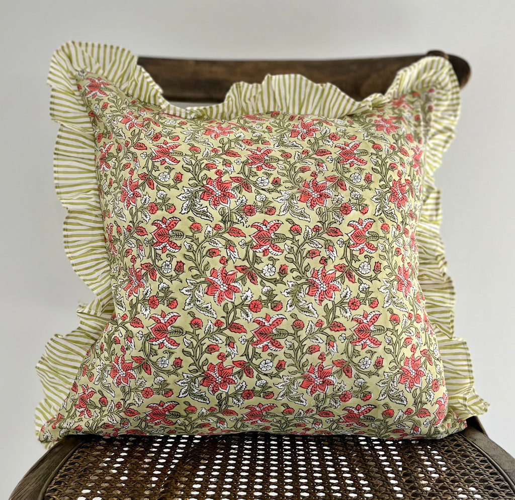 Floral Block Printed Pillow in Green and Pink Coral