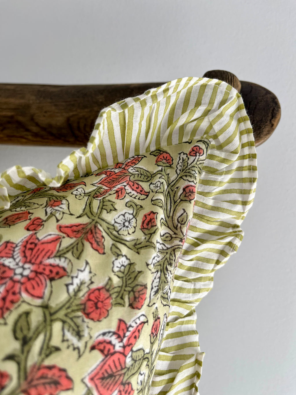 Floral Block Printed Pillow in Green and Pink Coral