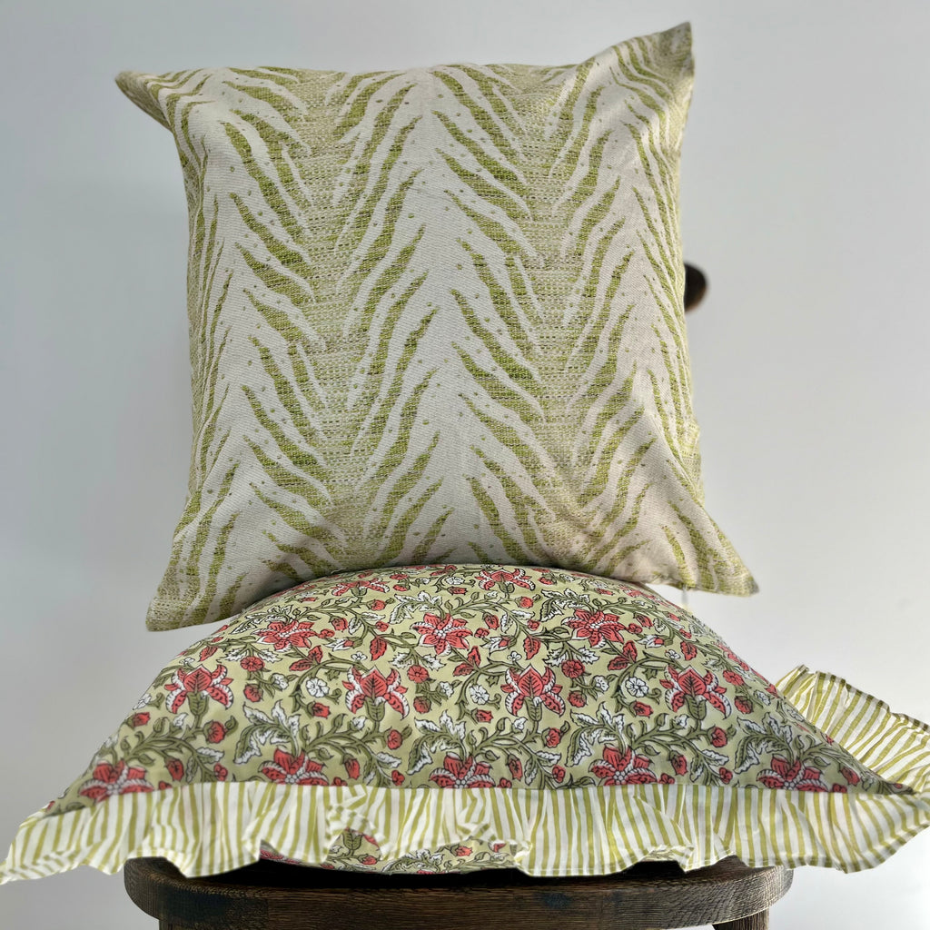 Floral Block Printed Pillow in Green and Pink Coral