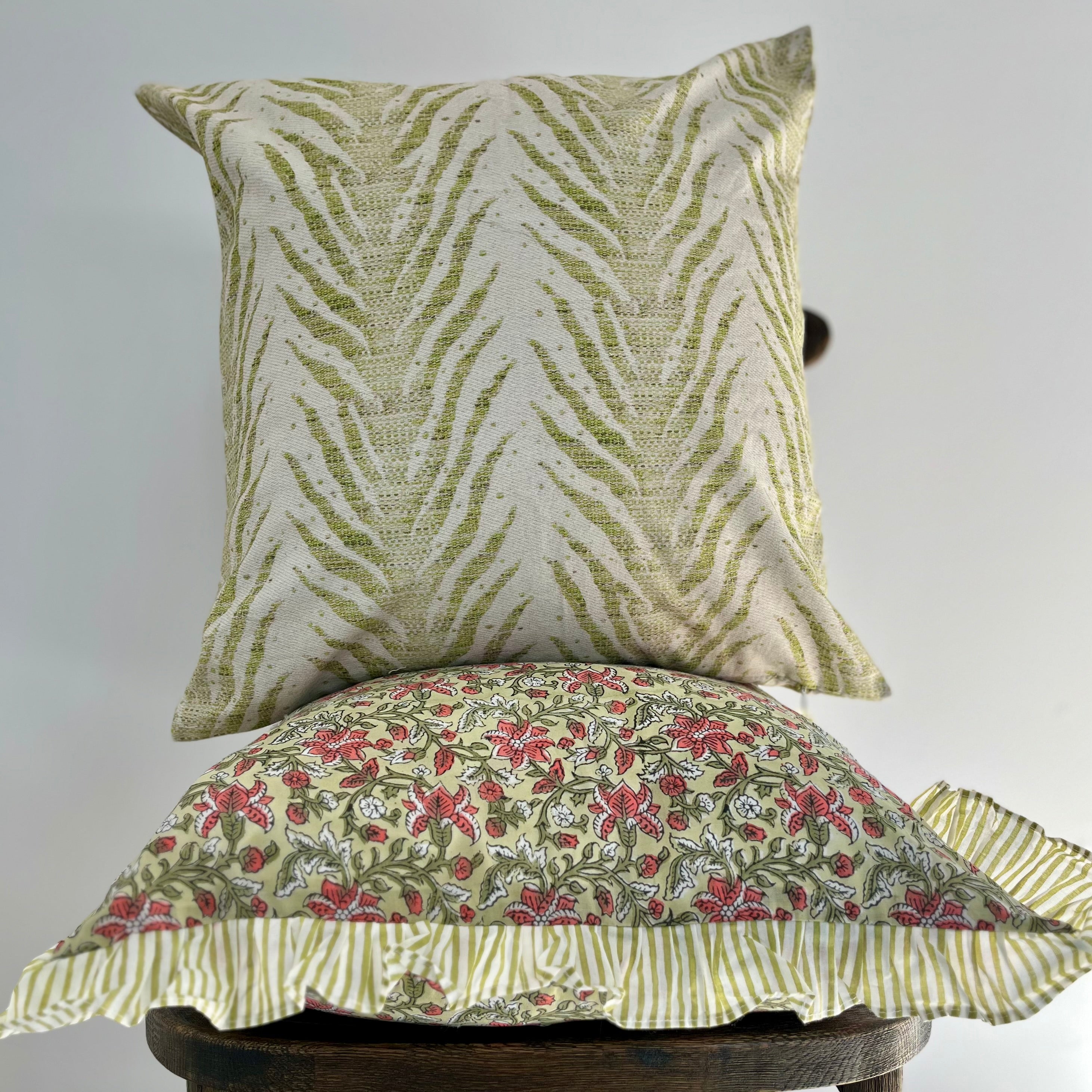 Floral Block Printed Pillow in Green and Pink Coral