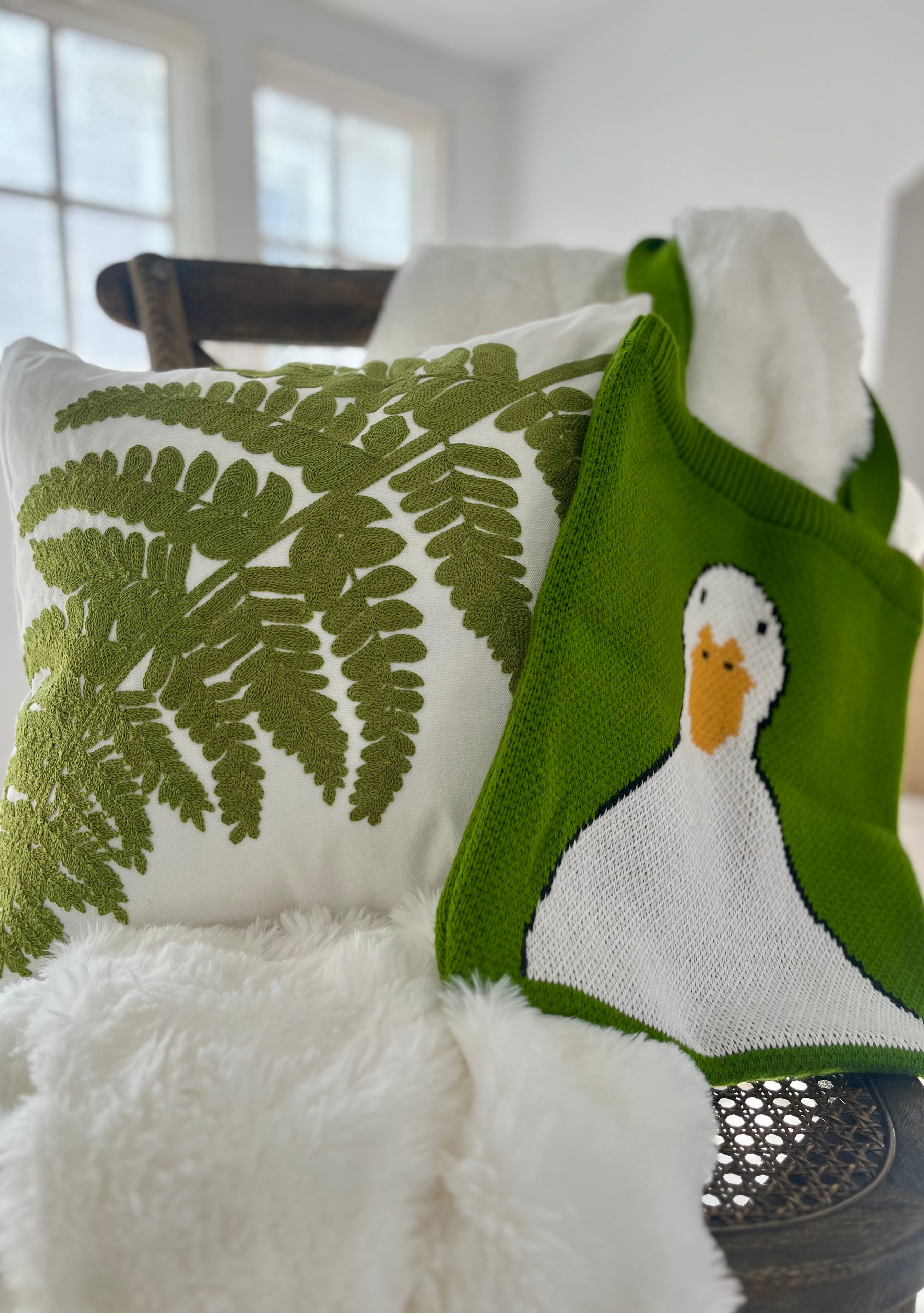 Embroidered Botanical Fern Leaf Pillow