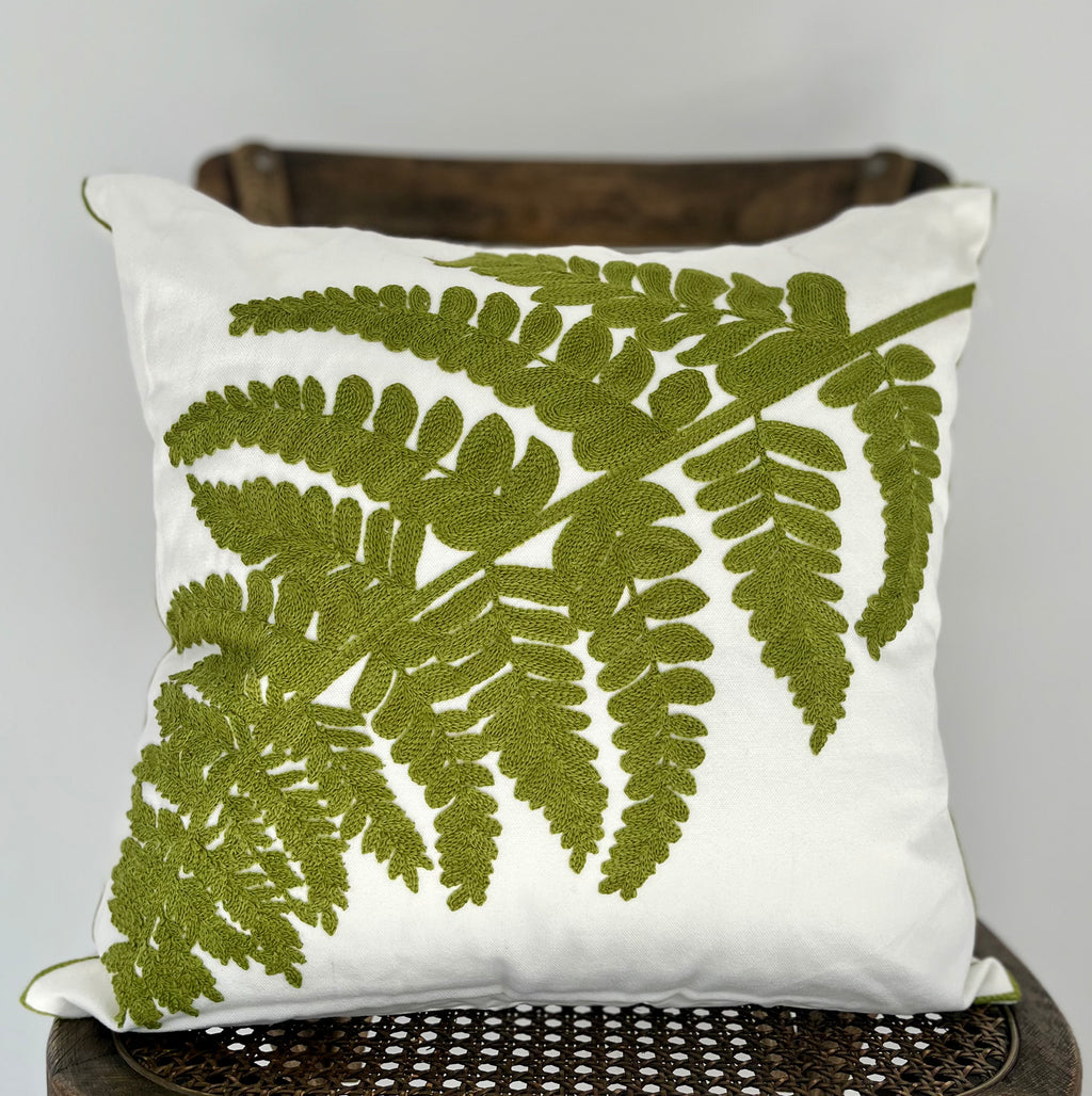 Embroidered Botanical Fern Leaf Pillow