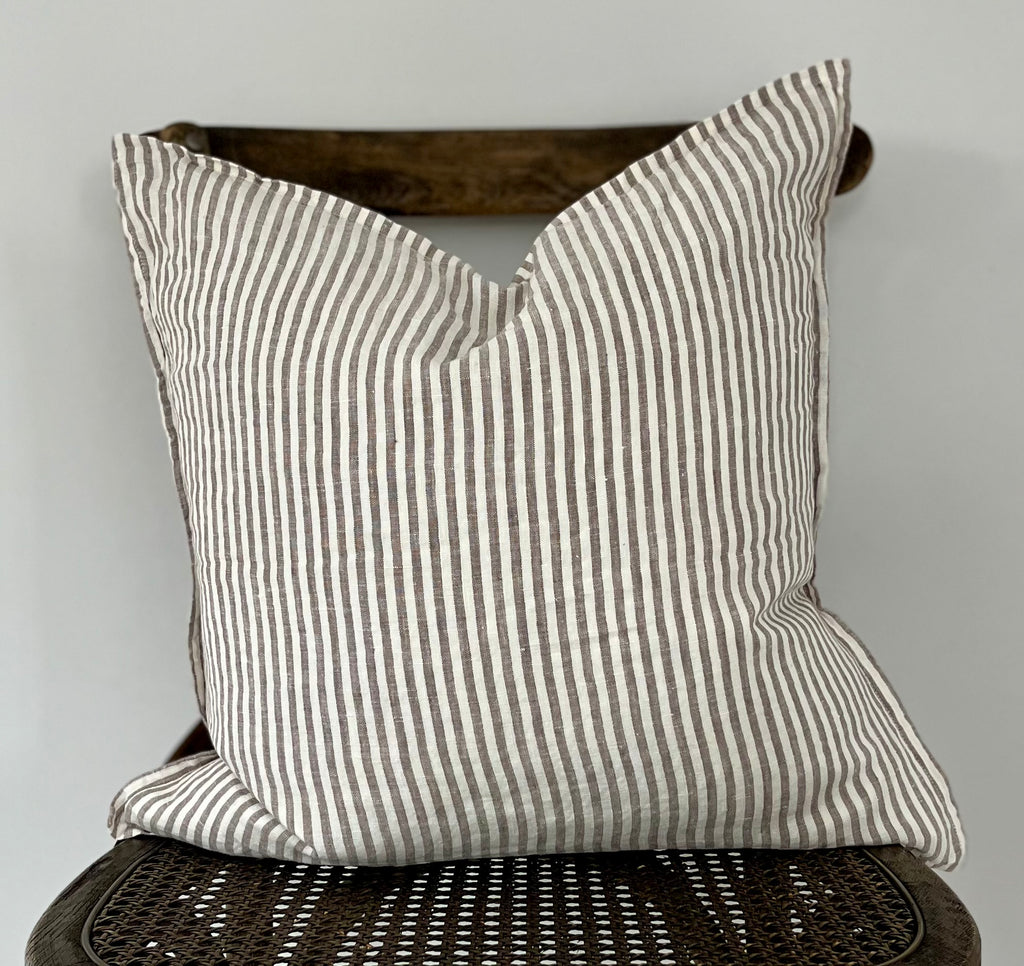 Everyday French Linen Pillow in Dark Brown and Warm White Stripe