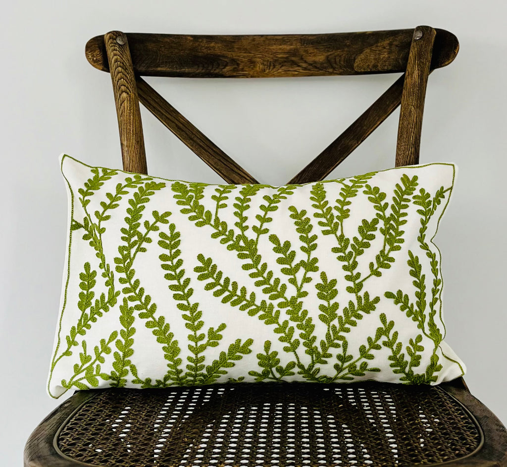 Embroidered Fern Fronds Lumbar Pillow