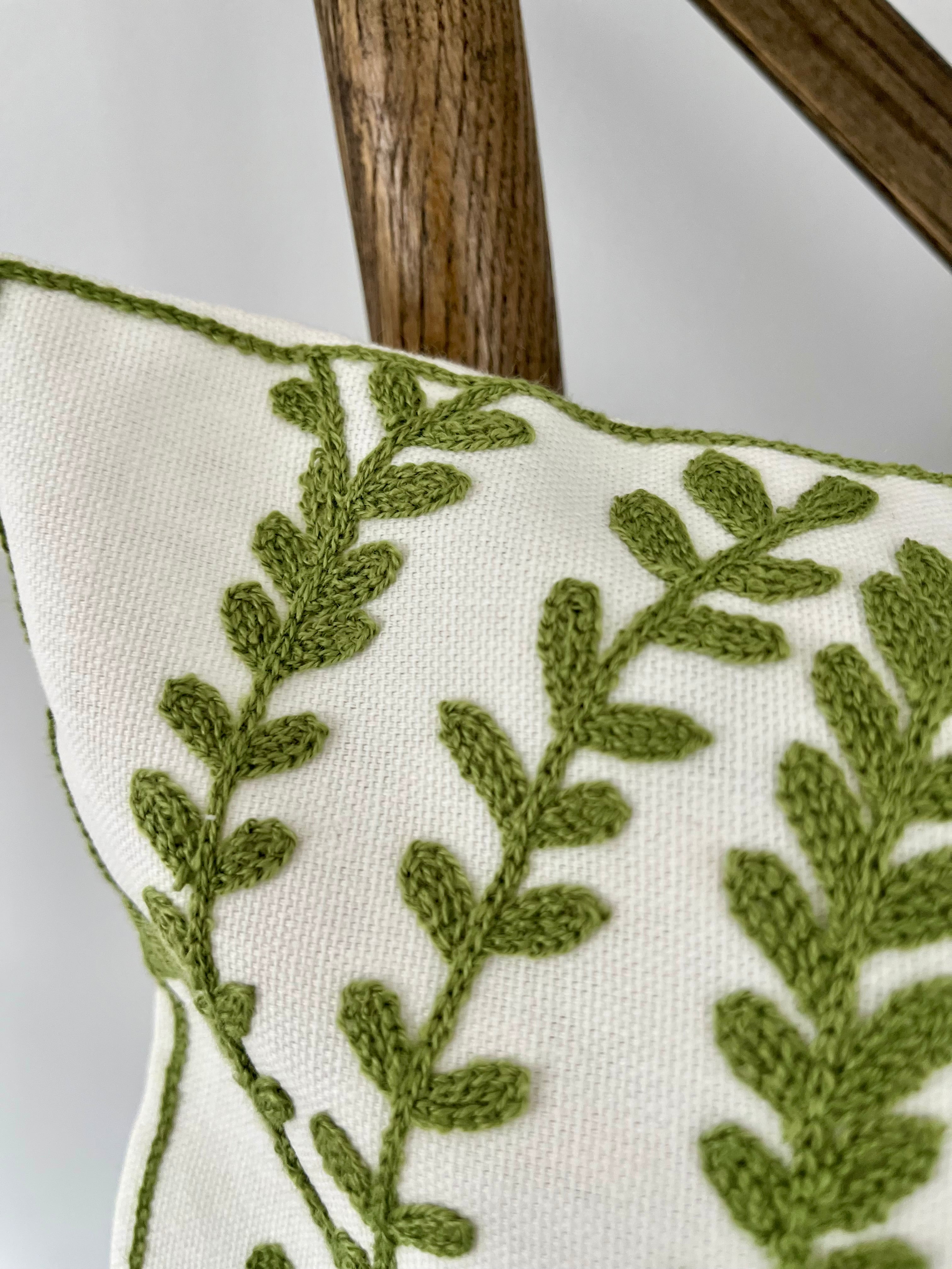 Embroidered Fern Fronds Lumbar Pillow