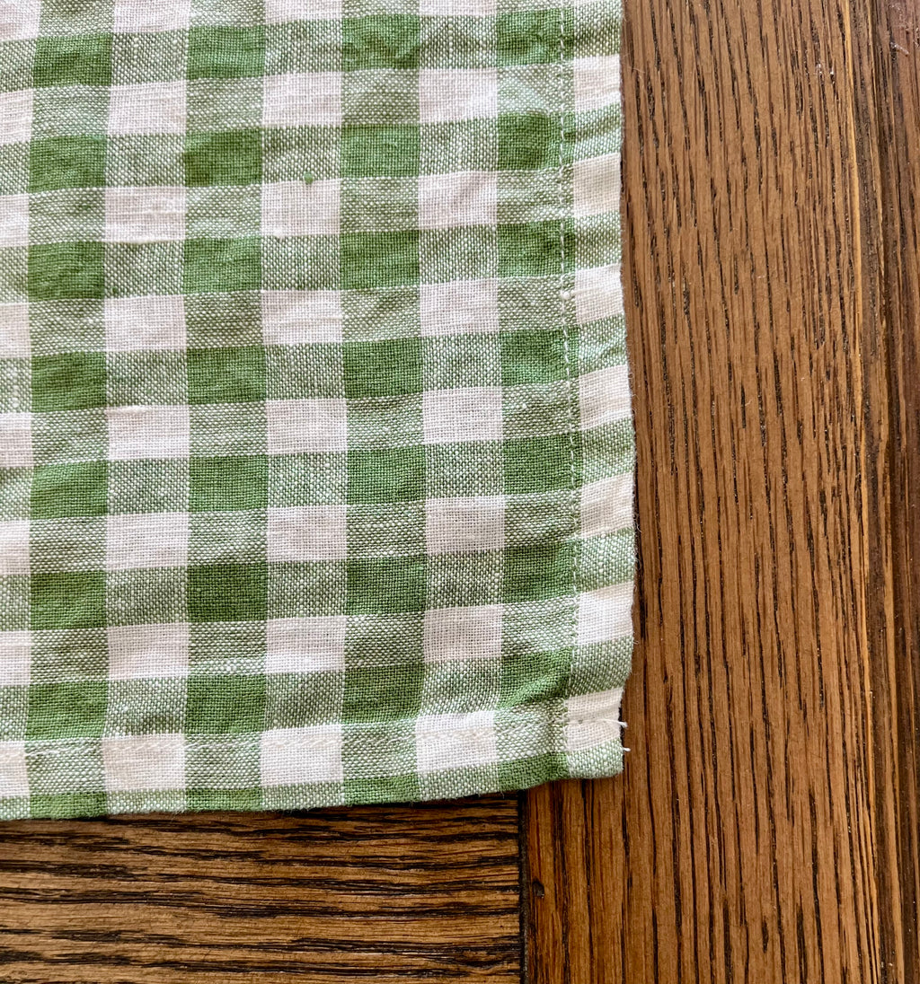 Gingham French Linen Napkin in Green and Warm White