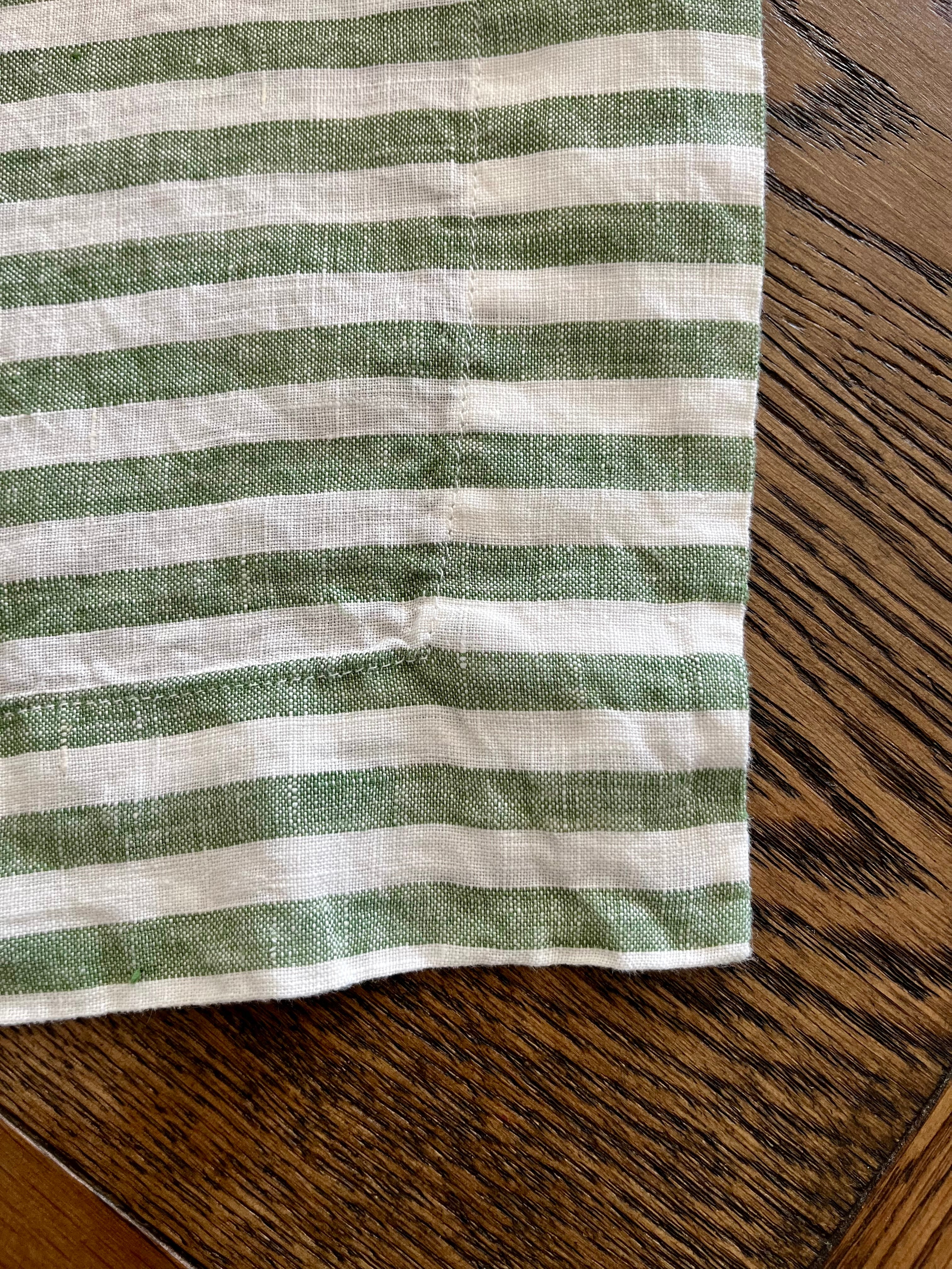 Striped French Linen Tablecloth in Green and Warm White