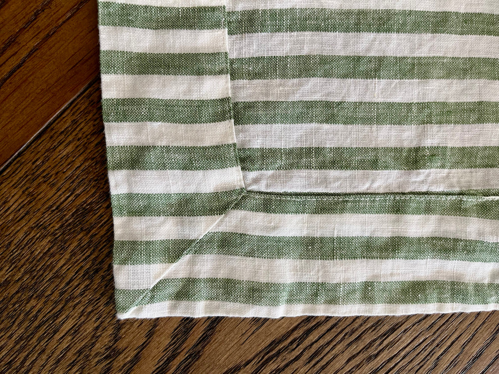 Striped French Linen Tablecloth in Green and Warm White