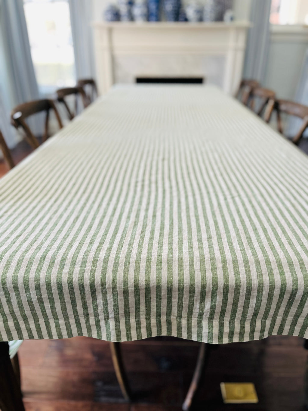 Striped French Linen Tablecloth in Green and Warm White