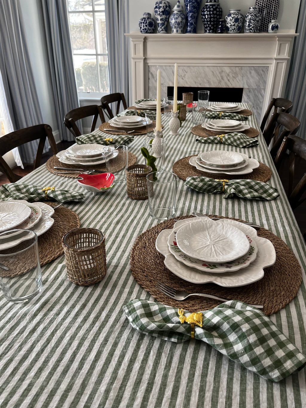 Striped French Linen Tablecloth in Green and Warm White