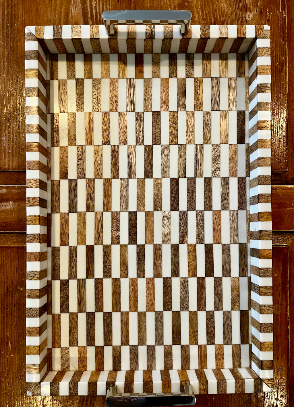 Checkered Tray with Polished Silver Handles