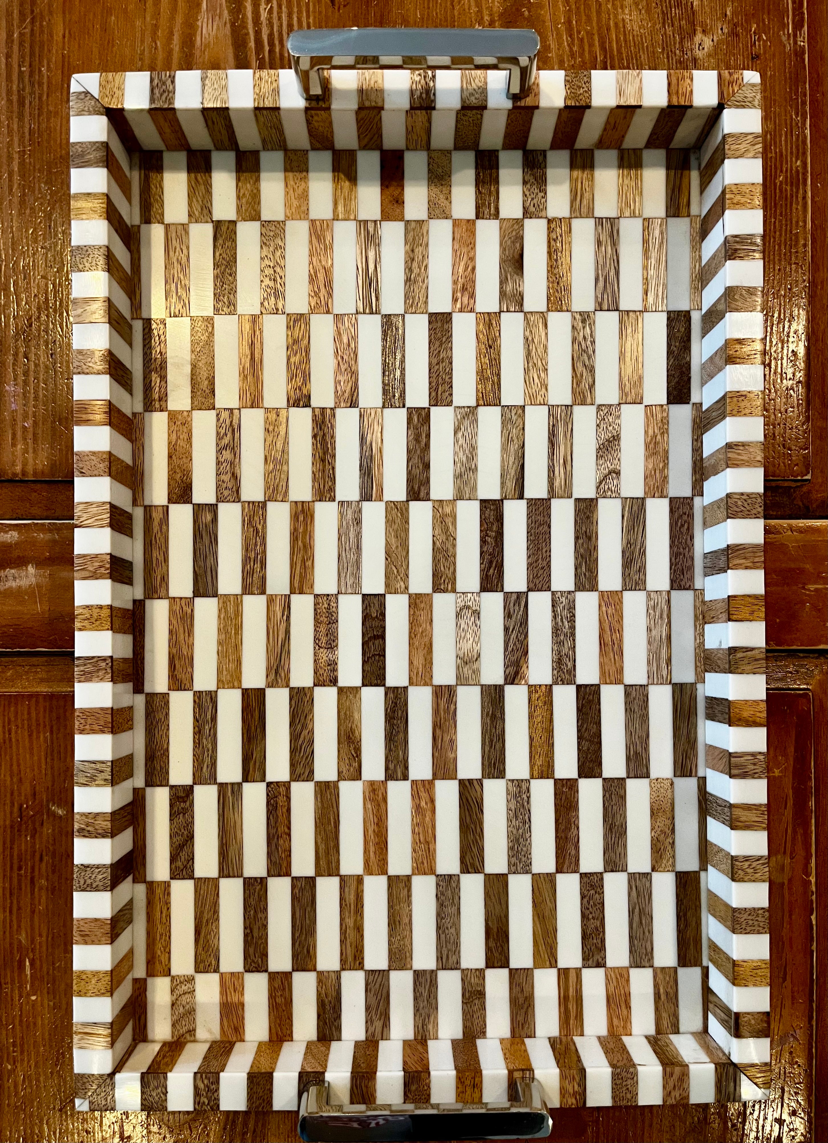 Checkered Tray with Polished Silver Handles
