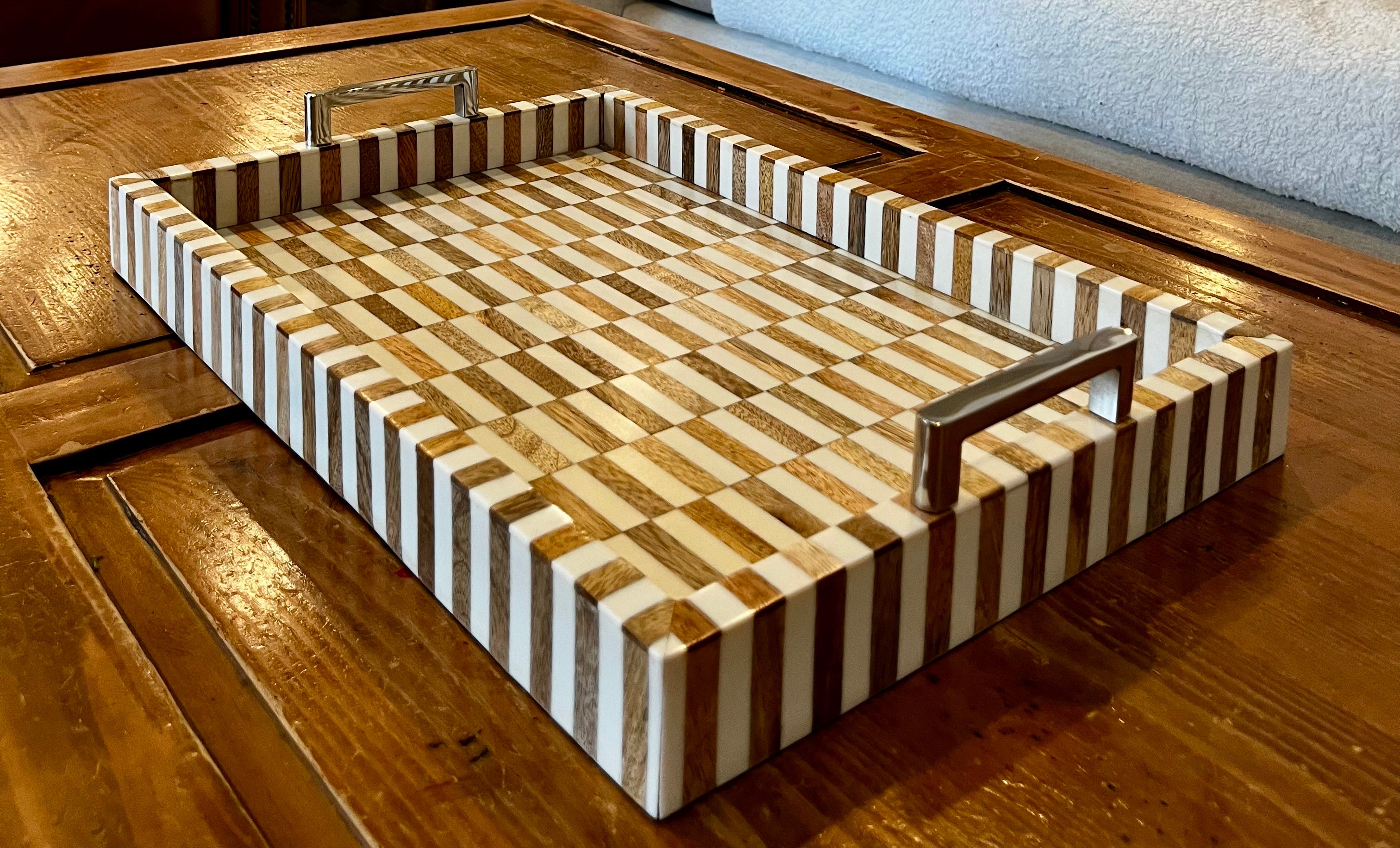 Checkered Tray with Polished Silver Handles